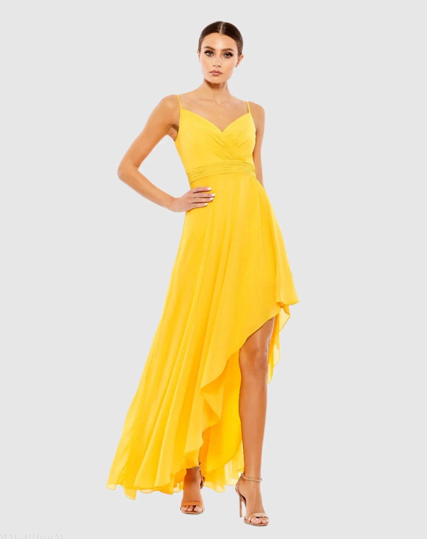 Yellow Asymmetrical Hem Chiffon Maxi Dress - Ieena for Mac Duggal