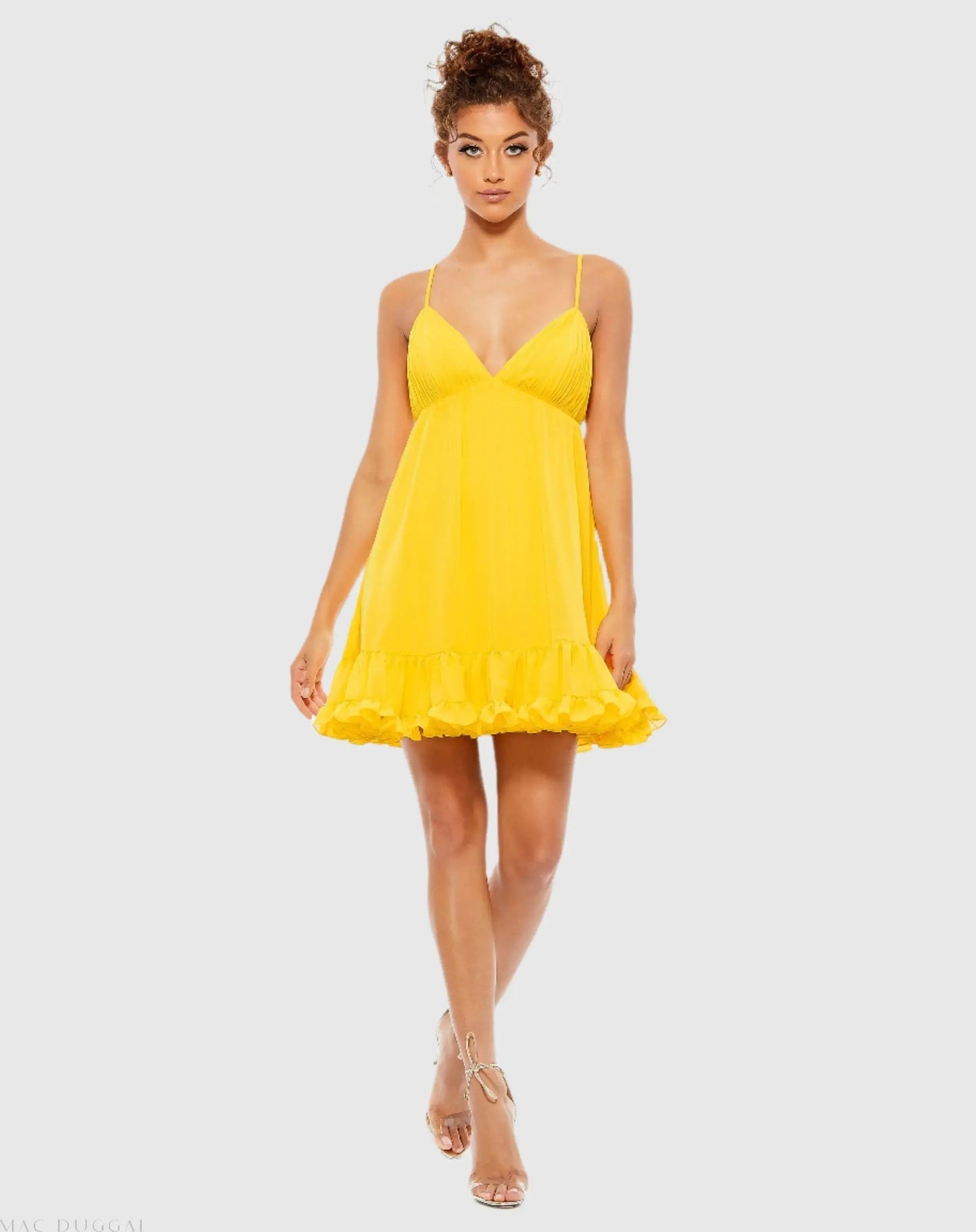 Yellow Ruffle V-Neck Criss-Cross Mini Dress - Ieena for Mac Duggal