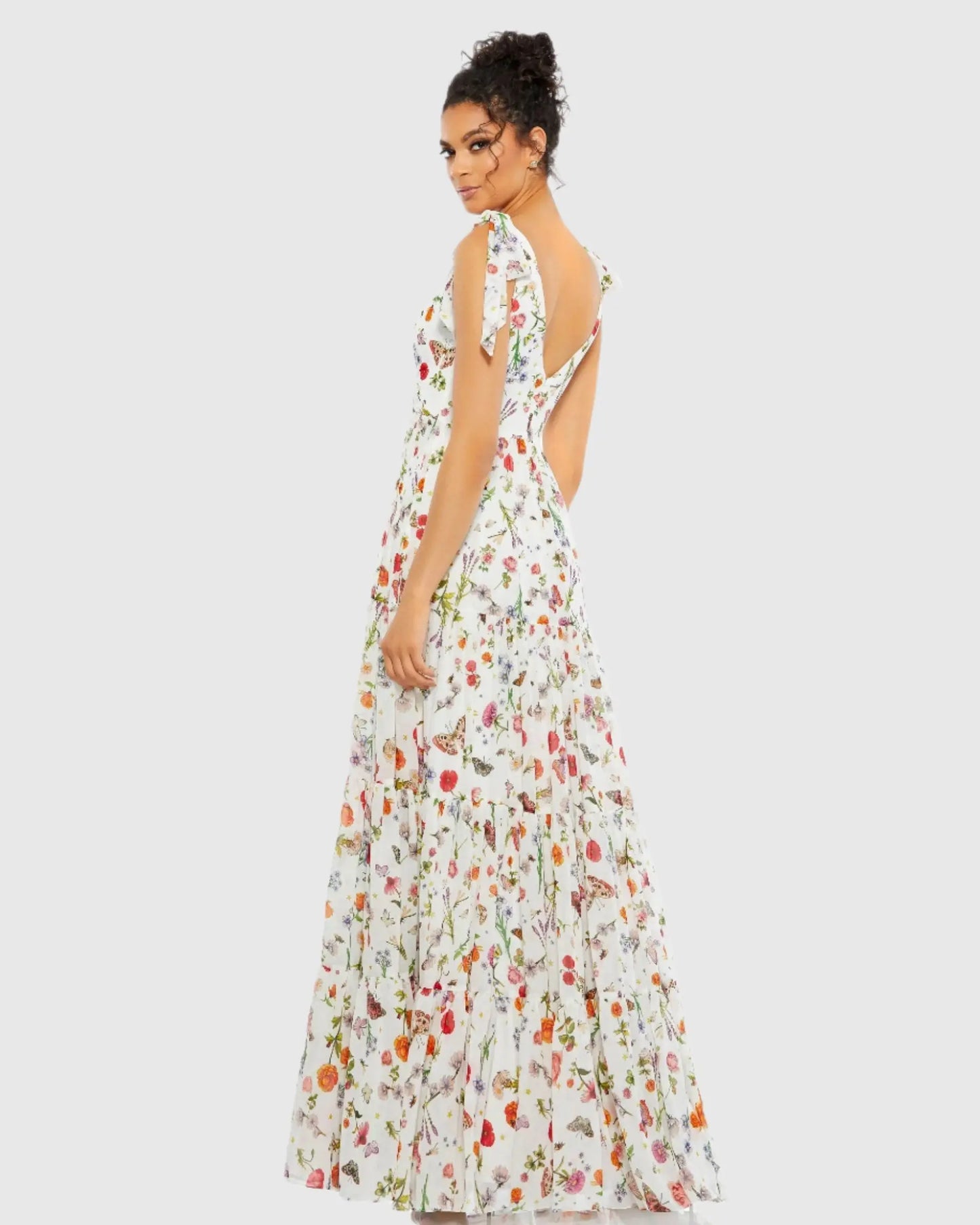 White Floral Print Sleeveless Soft Tie Shoulder Gown - Ieena for Mac Duggal