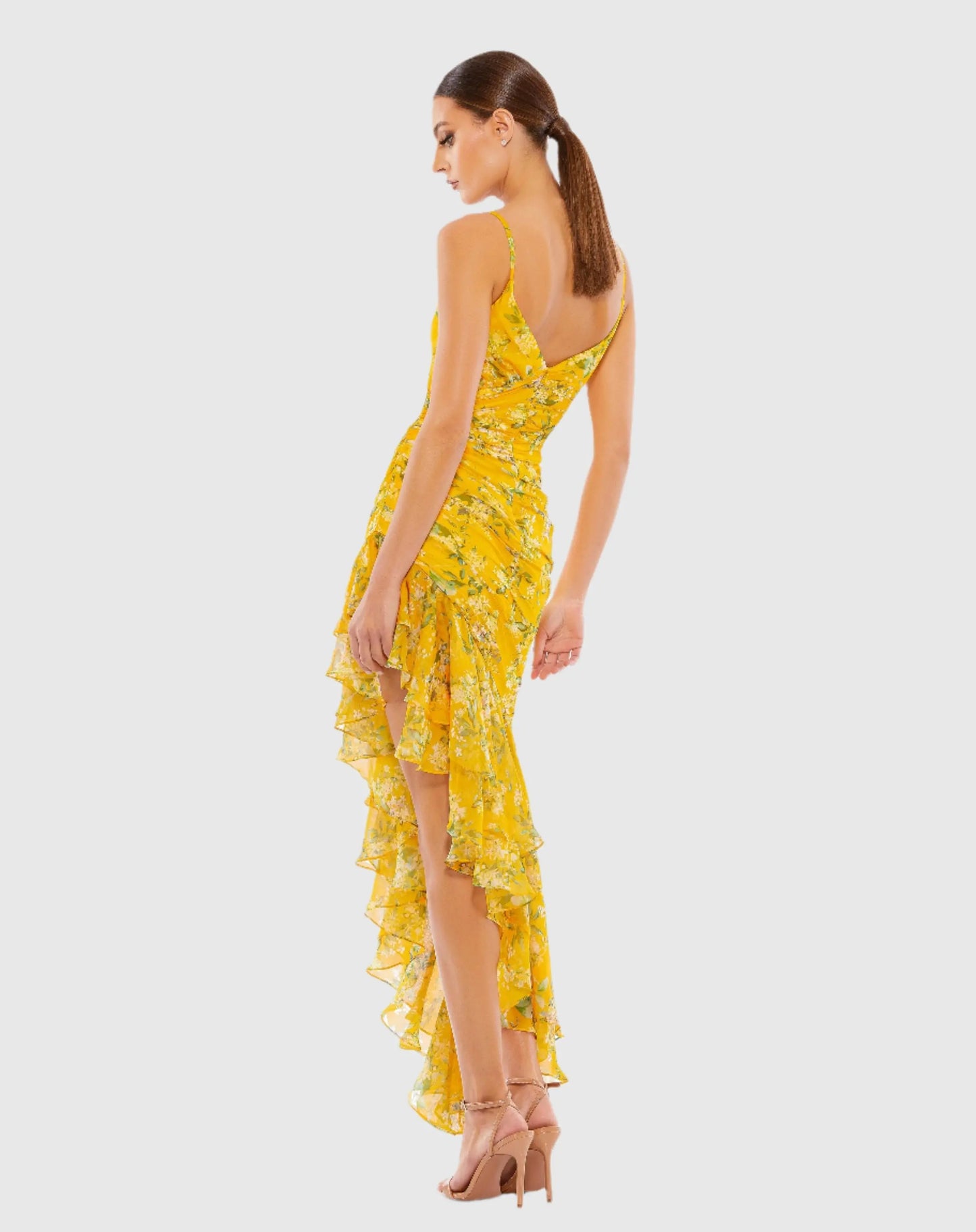 Yellow Floral Ruffle Asymmetrical Hi Low Hem Dress - Ieena for Mac Duggal
