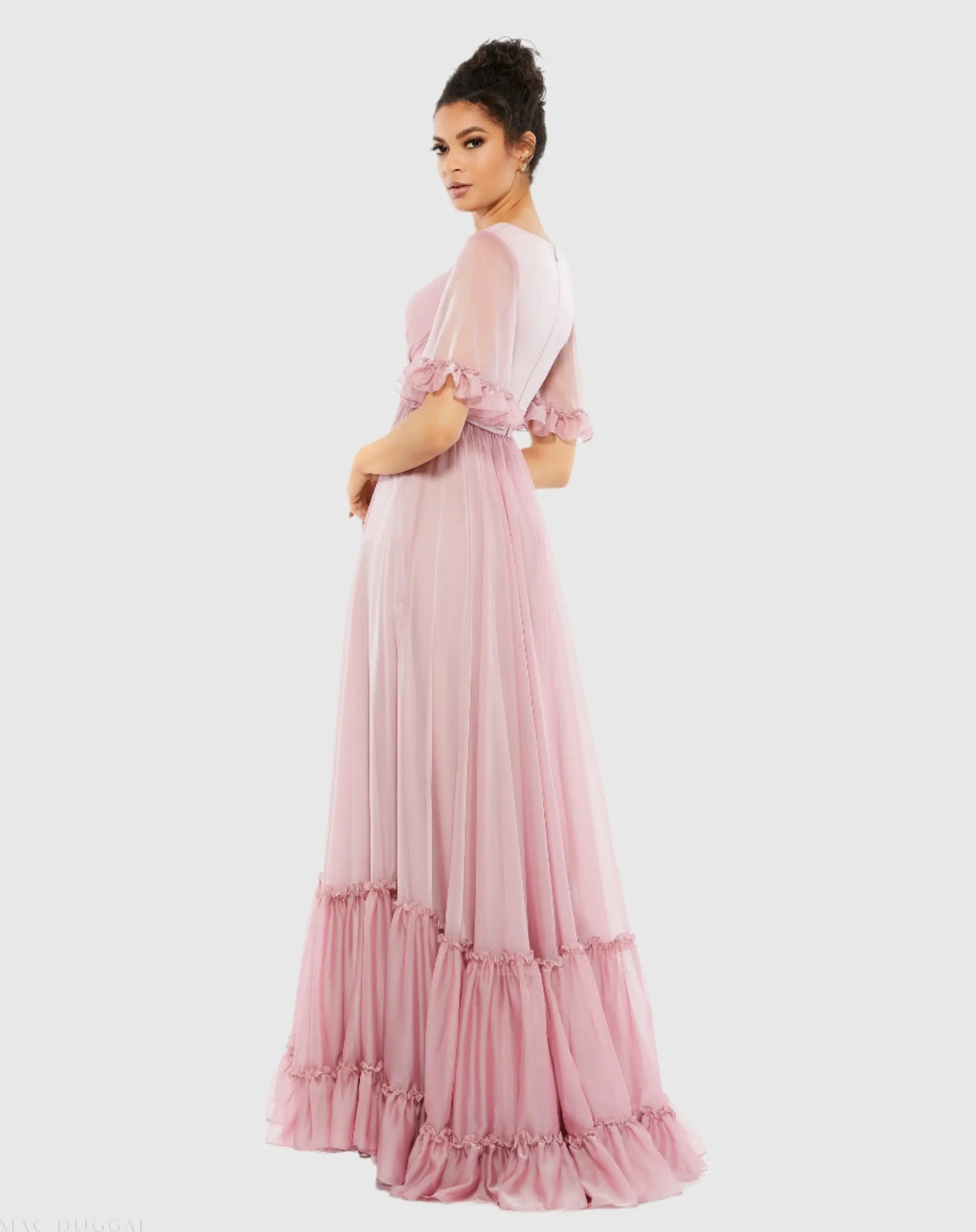 Pink Butterfly Ruffle Trimmed Sleeve Wrap Over Flowy Gown - Mac Duggal
