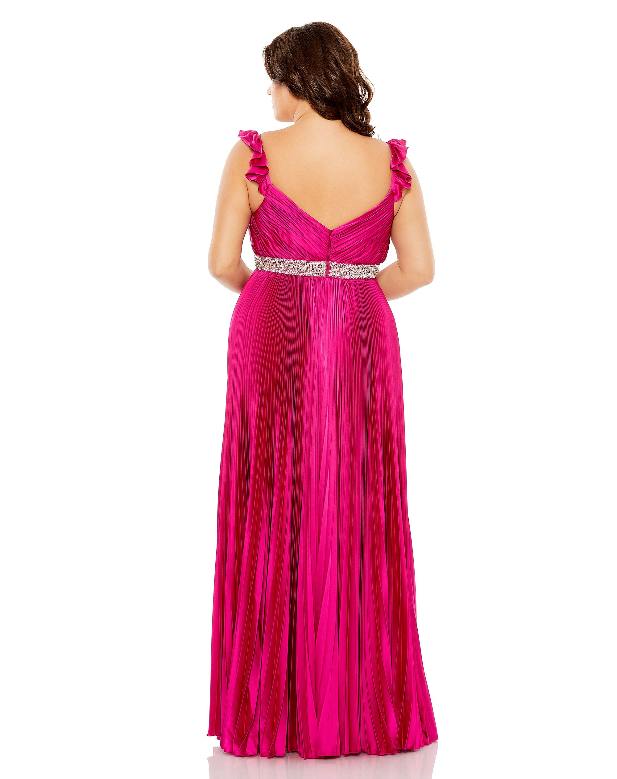 Embellished Waist Flutter Sleeve Pleated Gown