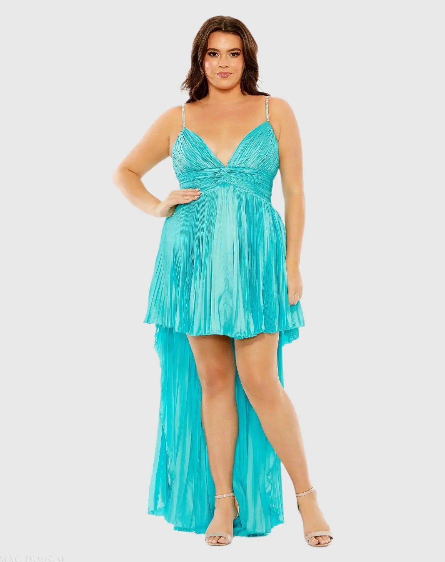 Blue Rhinestone High Low Pleated Gown