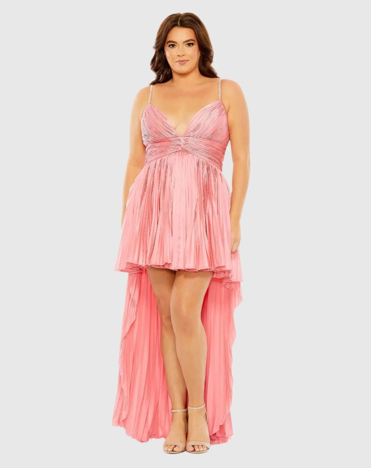 Pink Rhinestone High Low Pleated Gown - Mac Duggal