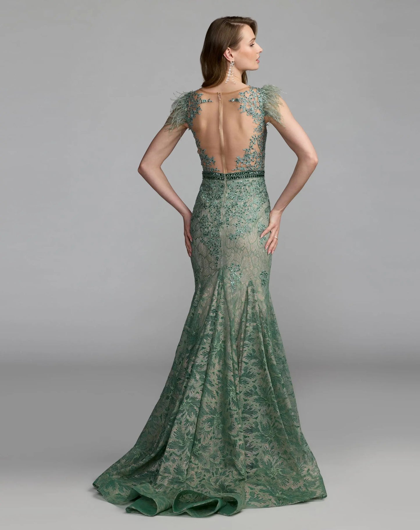 Green Embellished Lace High Neck Gown With Feather Sleeves - Mac Duggal