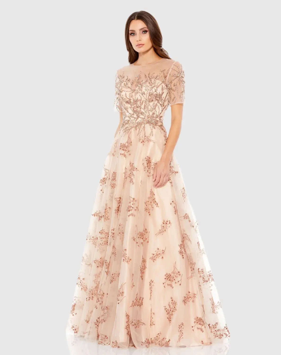 mac duggal embellished illusion long sleeve dress Pink Embellished Illusion Short Sleeve A Line Gown