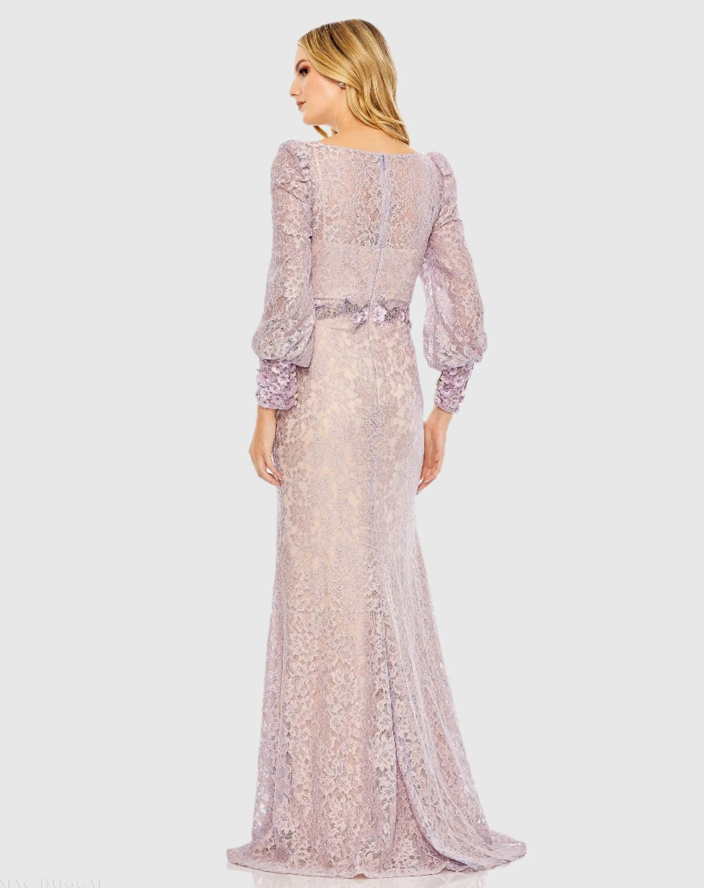 Purple Lace Long Sleeve V Neck Embellished Gown - Mac Duggal