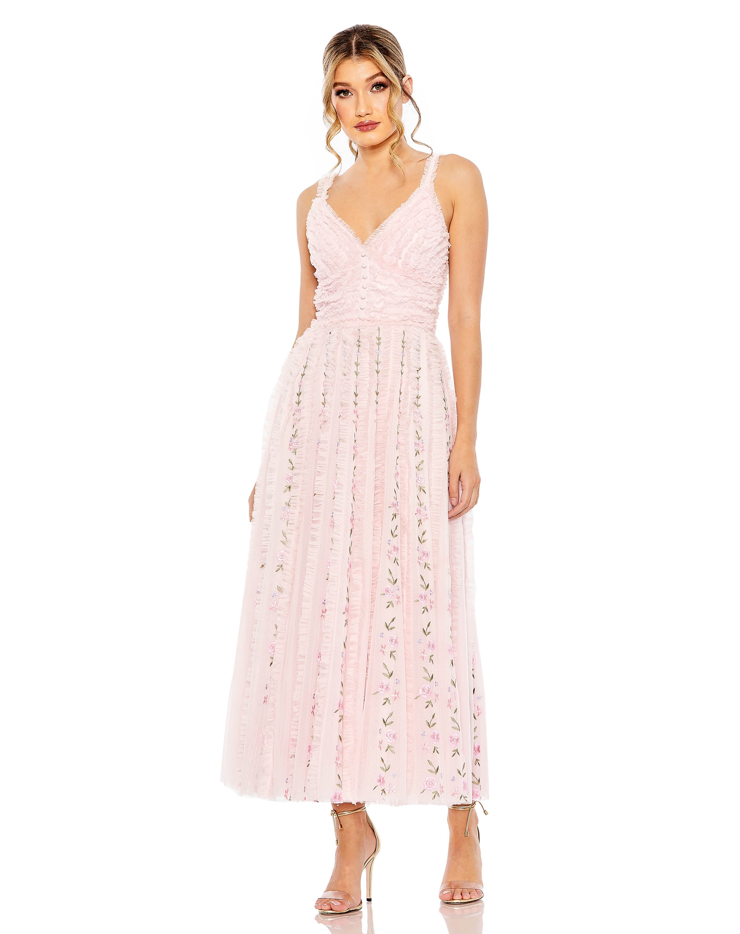 Ruffle Floral Embroidered Detail Tea Length Dress