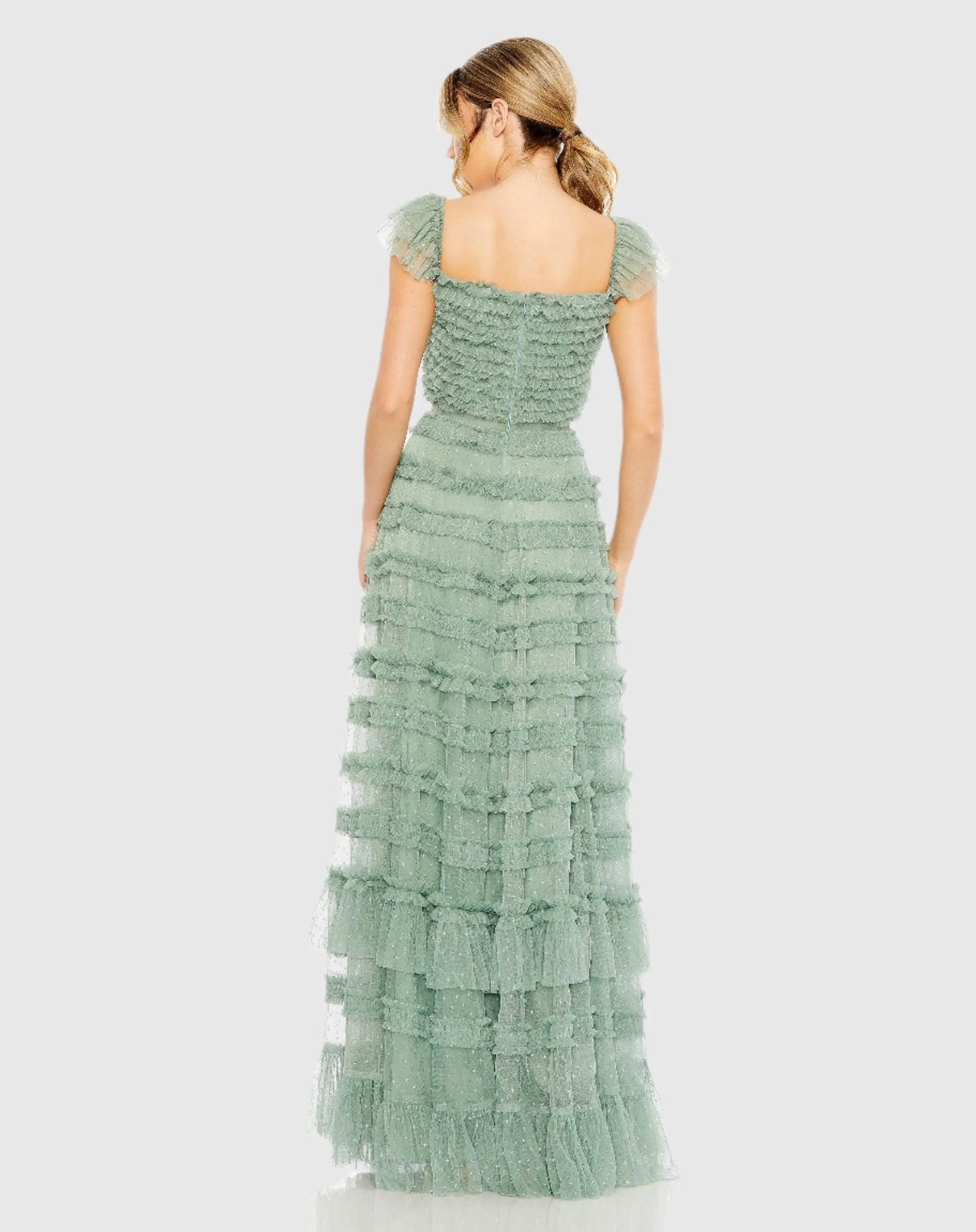 Green Ruffle Cap Sleeve Tiered Ruffle Gown - Mac Duggal