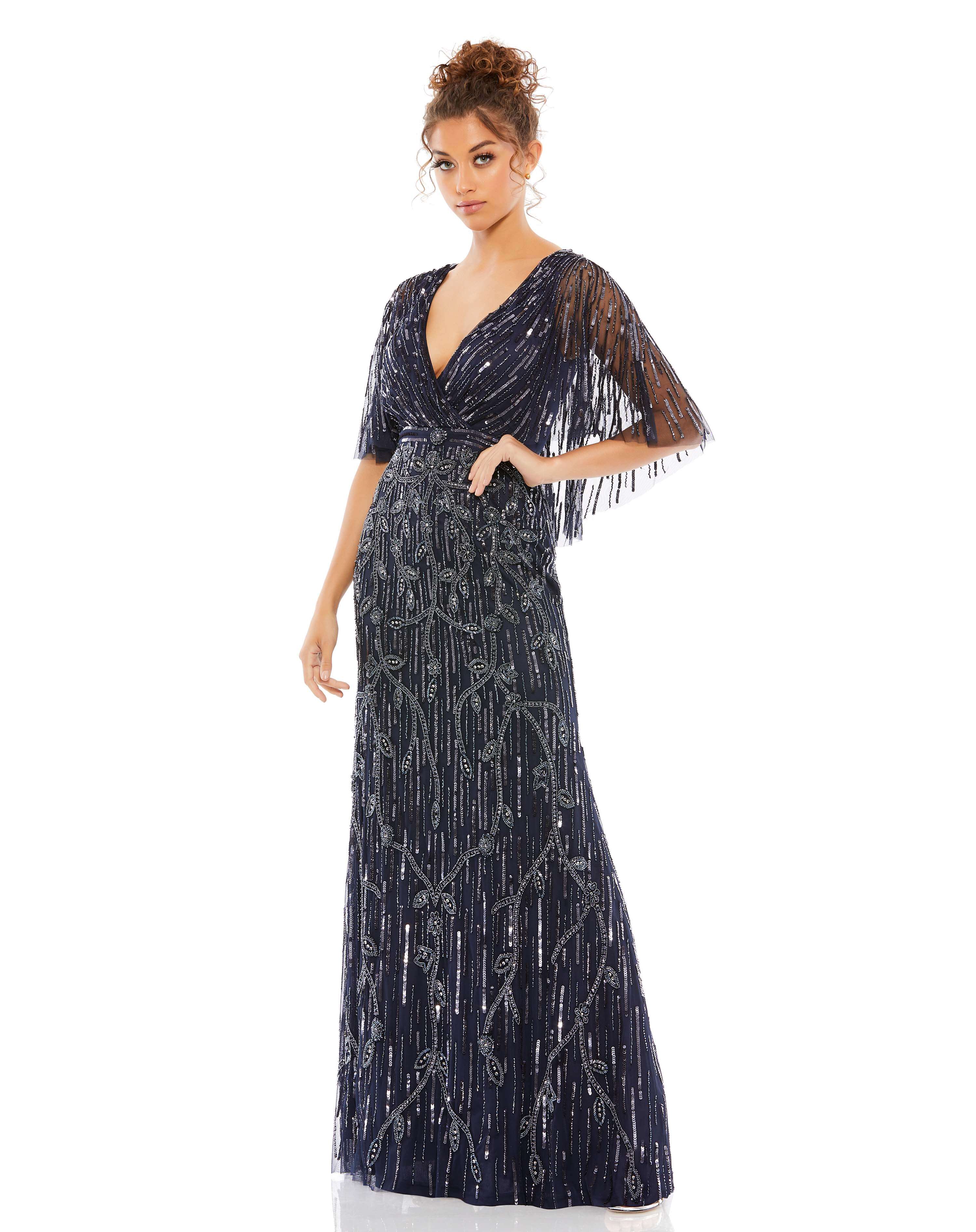 Embellished Cap Sleeve Faux Wrap Trumpet Gown