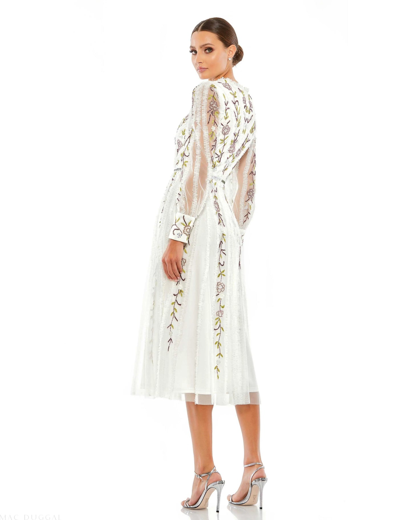 White Long Sleeve Embroidered Wrap Midi Dress - Mac Duggal