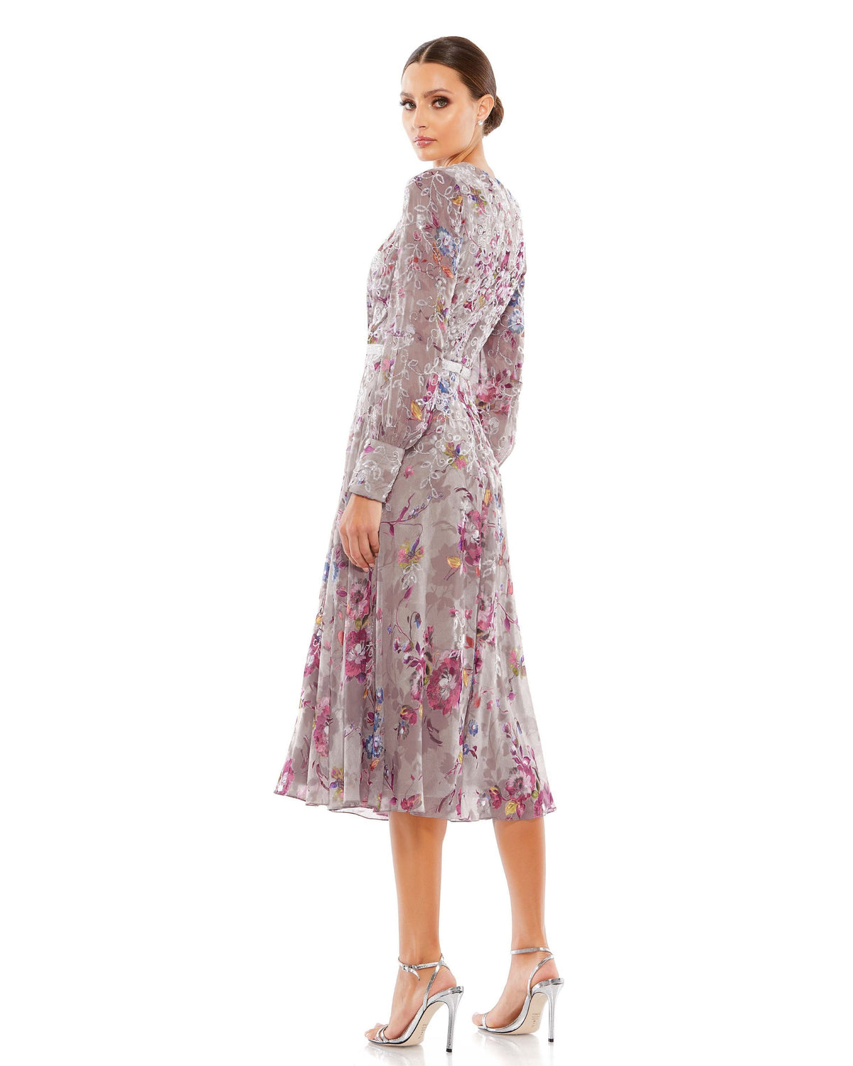 Hand Embellished Floral Long Sleeve Midi Dress - Mac Duggal