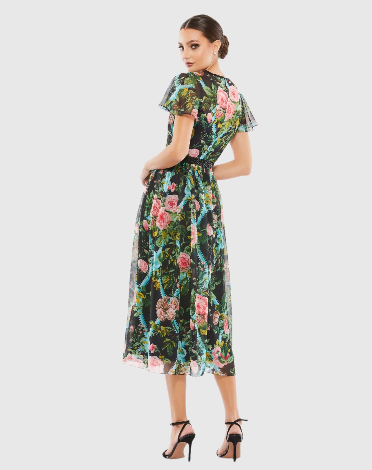 Multicolor Floral Illusion Cap Sleeve Midi Dress - Mac Duggal