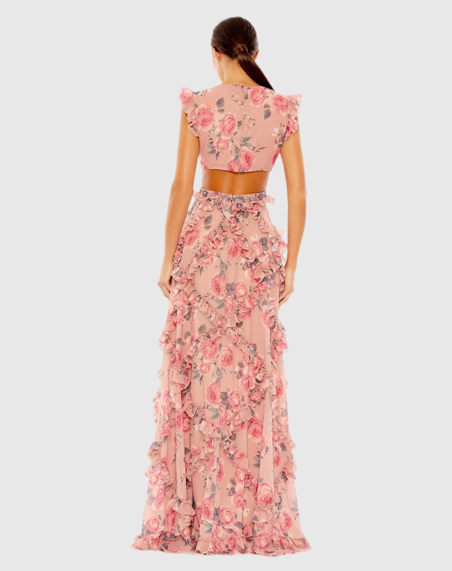 Pink Ruffled Cut Out Cap Sleeve V Neck Gown - Mac Duggal
