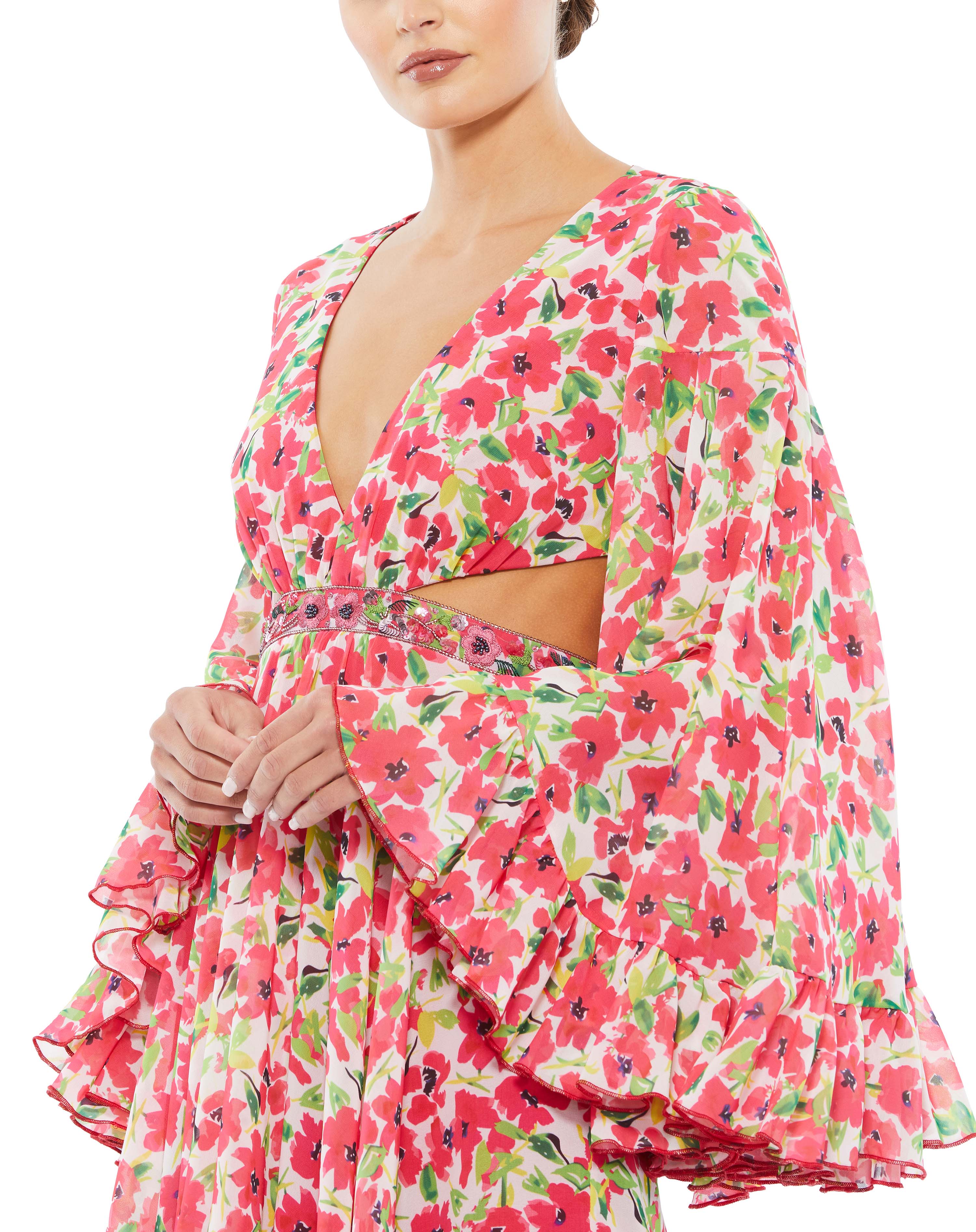 Floral Cut Out V Neck Bell Sleeve Mini Dress - Final Sale