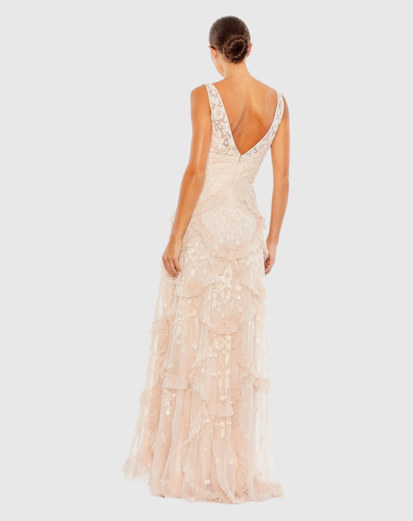 Pink Sequined Scallop Ruffle Tiered V-Neck Gown - Mac Duggal