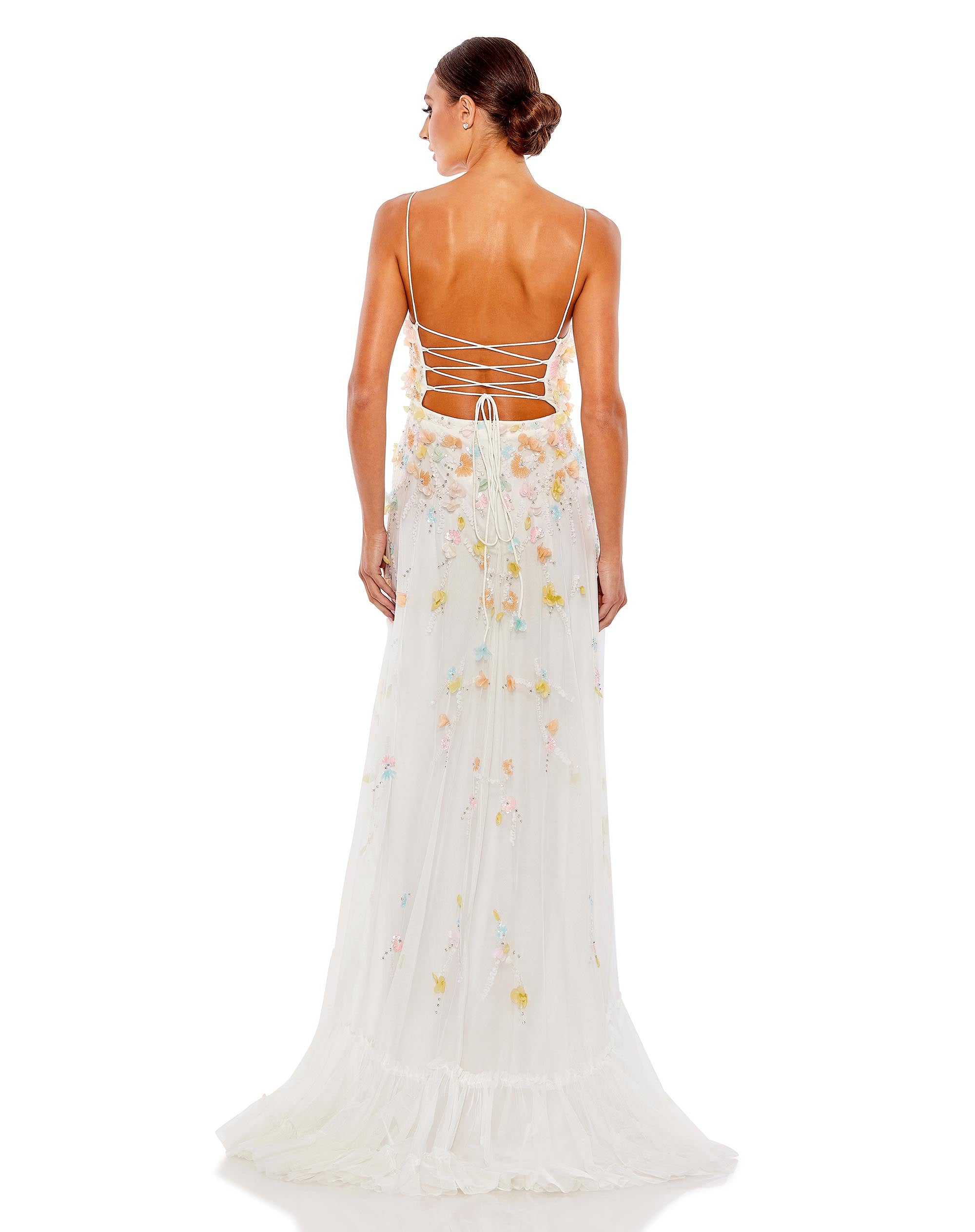 Beaded 3D Flower Cami Ruffled High Low Lace Up Gown