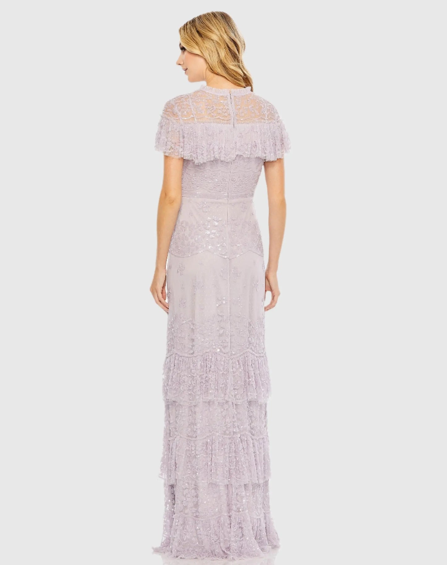 Purple Embellished Cap Sleeve Ruffle Tiered Gown - Mac Duggal