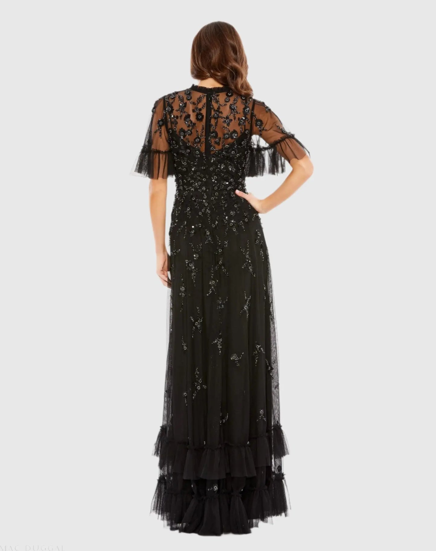 Black Ruffled Floral Embellished Flutter Sleeve A-Line Gown - Mac Duggal