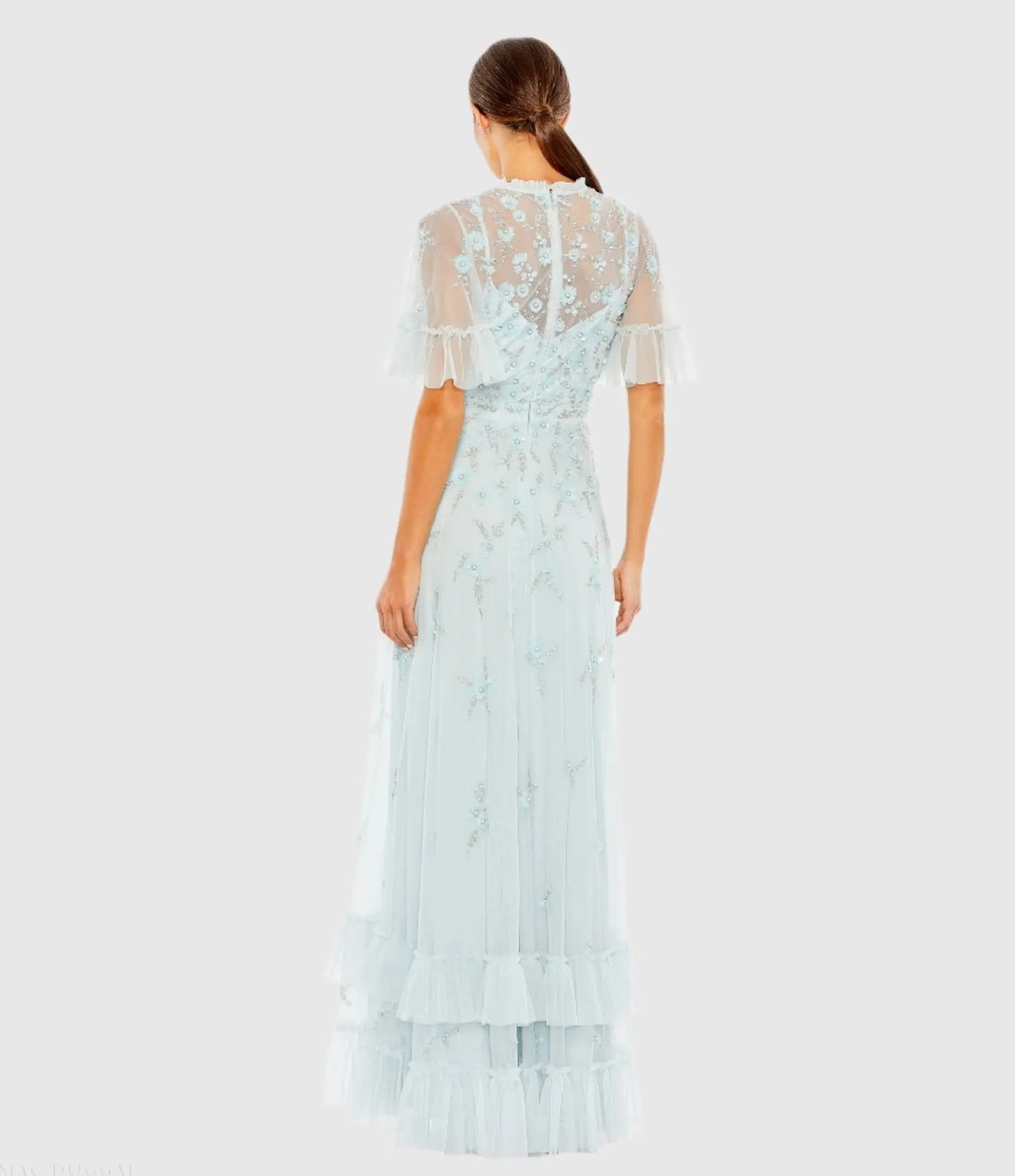 Blue Ruffled Floral Embellished Flutter Sleeve A-Line Gown - Mac Duggal