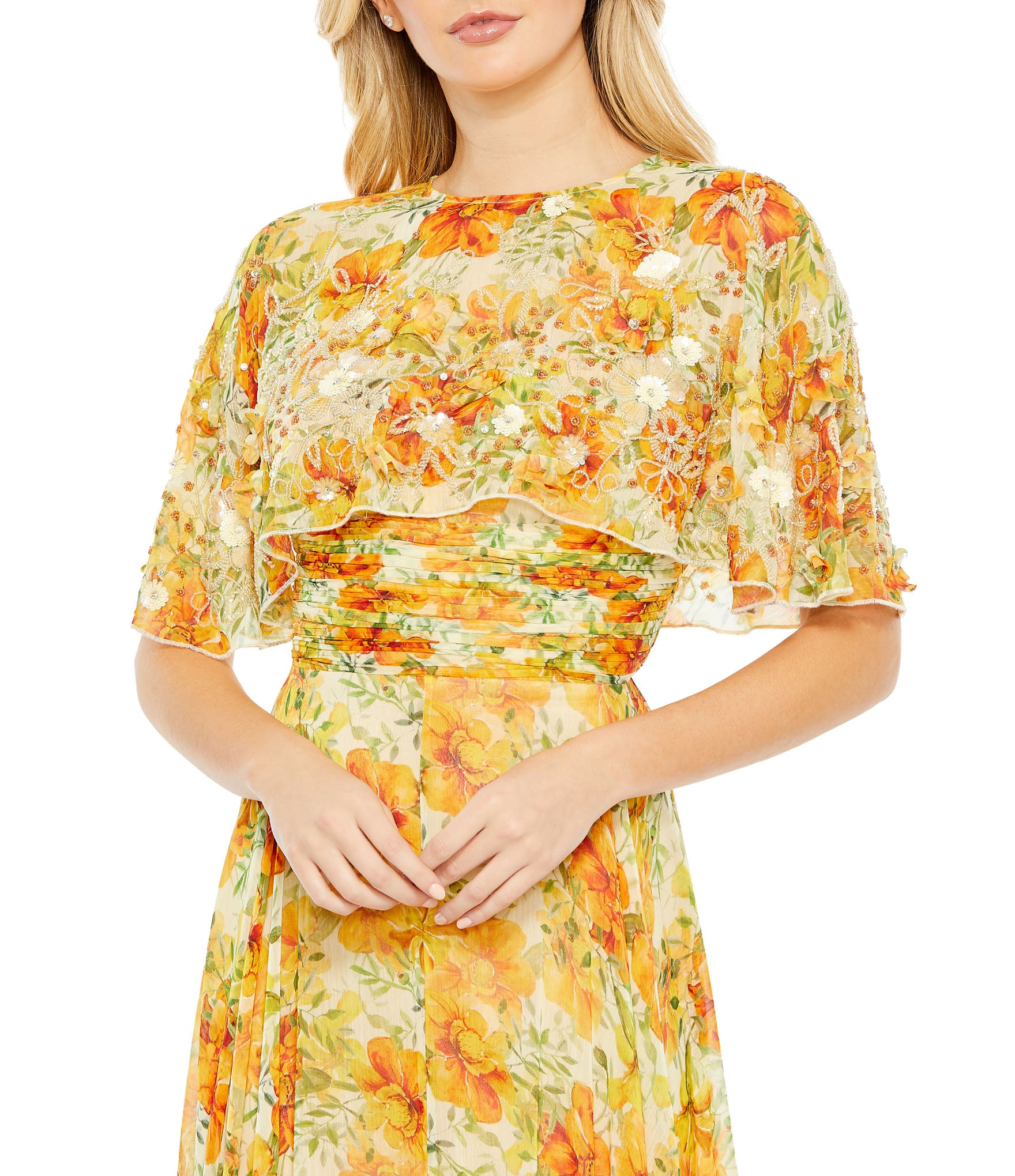 Floral Print High Neck Cape Sleeve A Line Gown