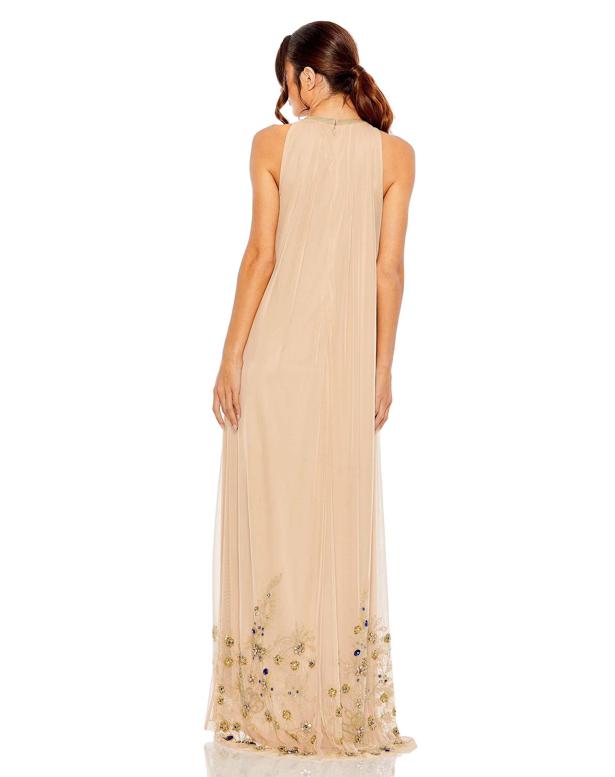 High Neck Floral Embellished Trapeze Gown