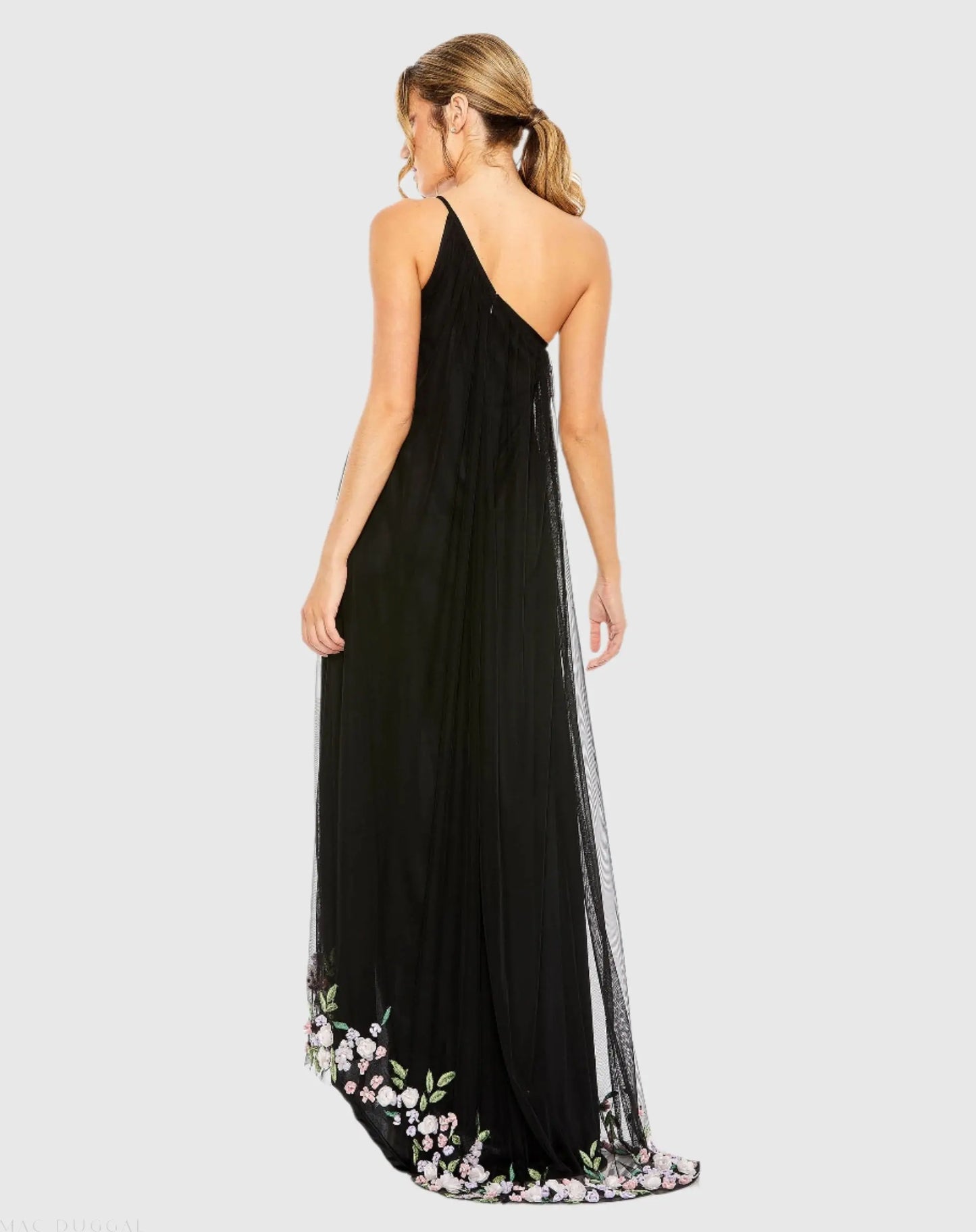 Black One Shoulder Trapeze Embellished High Low Gown - Mac Duggal