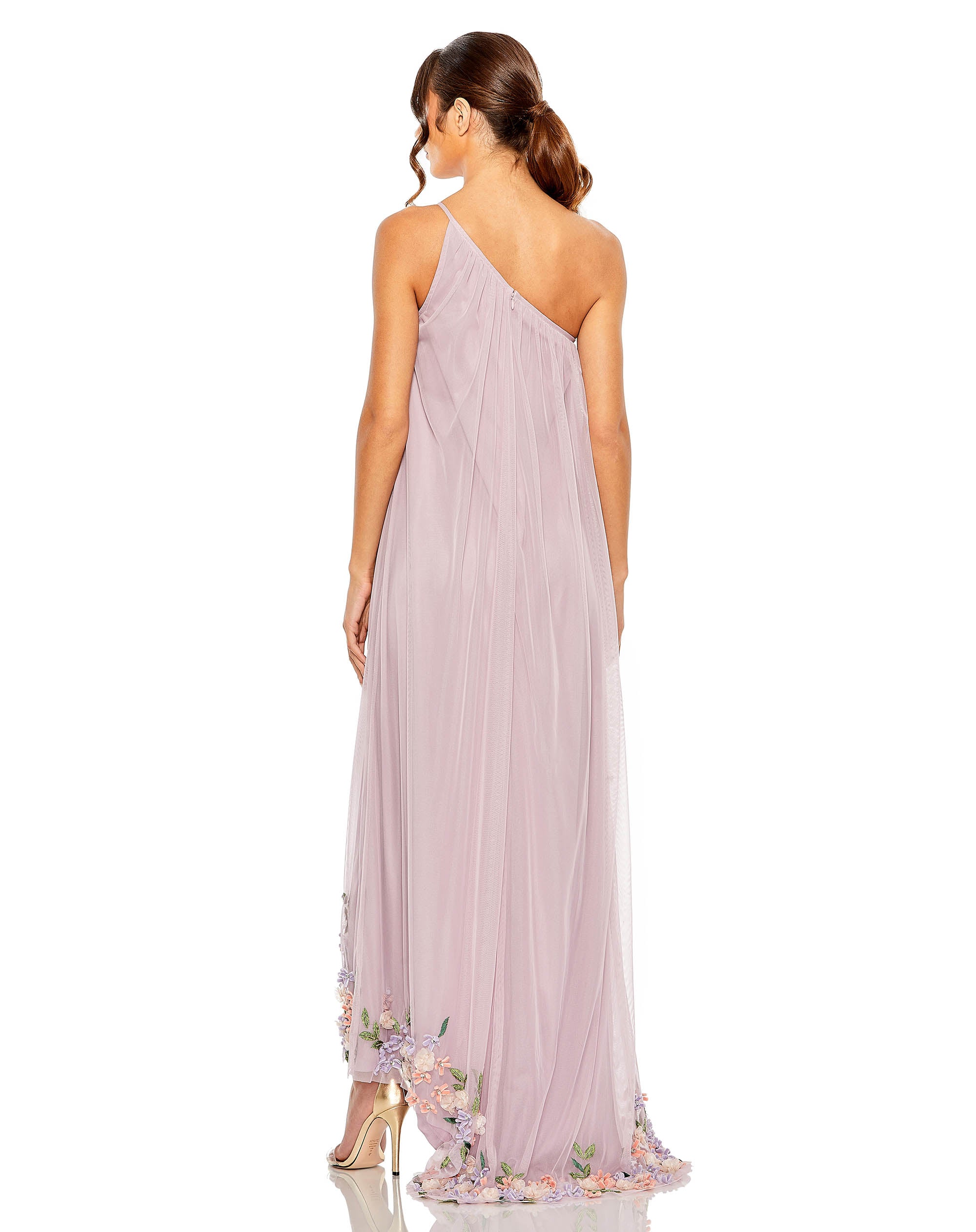 One Shoulder Trapeze Embellished High Low Gown