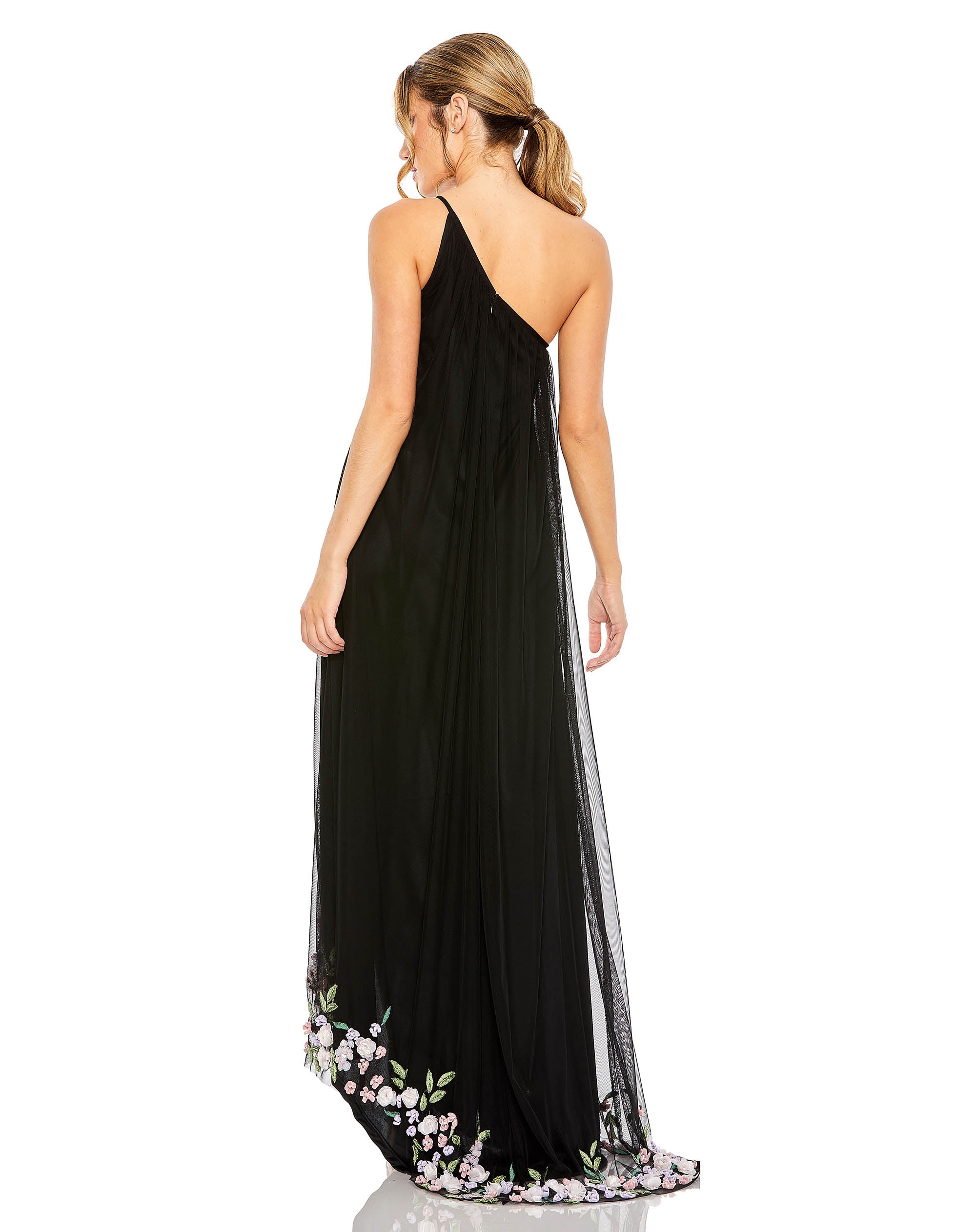 One Shoulder Trapeze Embellished High Low Gown