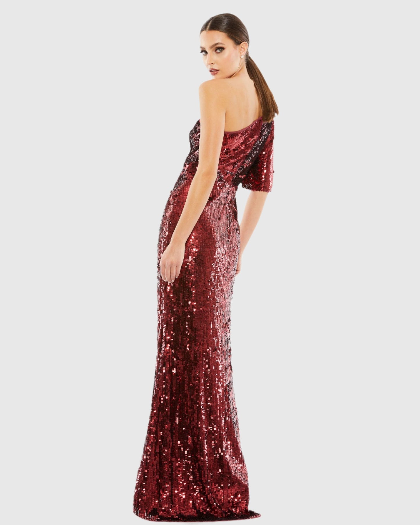 Red Embellished Cap Sleeve Cowl Neck Trumpet Gown Mac Duggal
