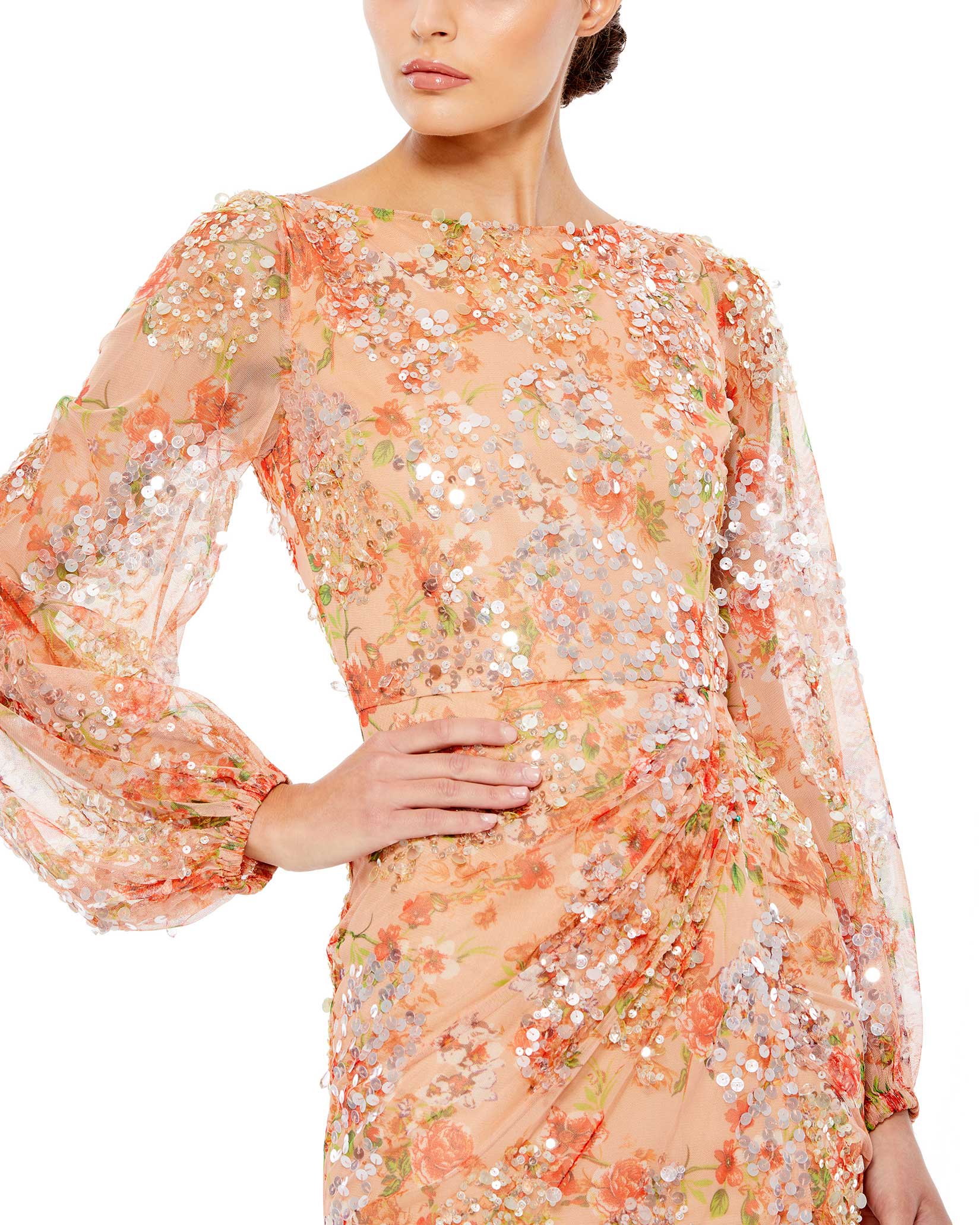 Floral Print Sequined Puff Sleeve Gown
