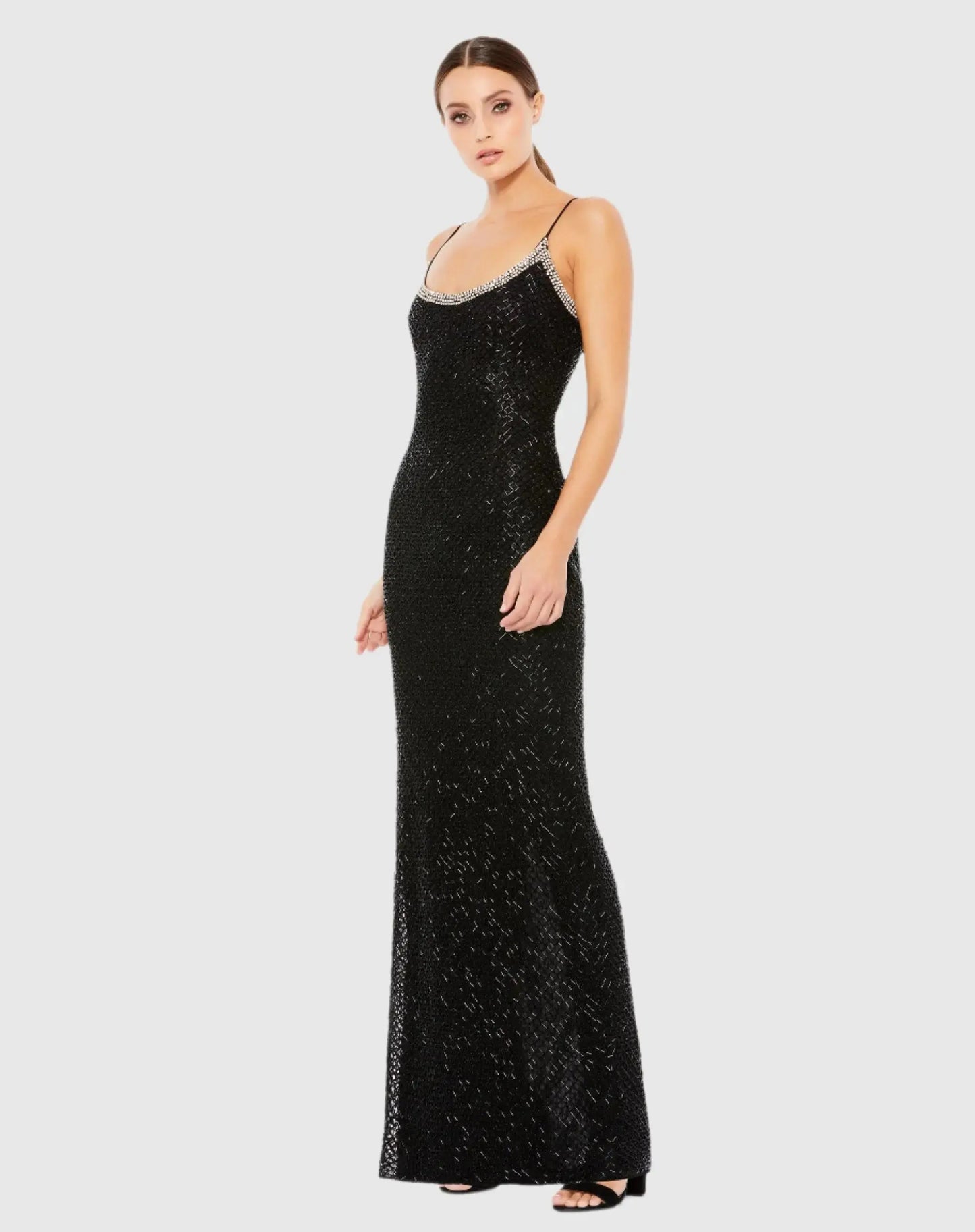 Black Beaded Spaghetti Strap Column Gown - Mac Duggal