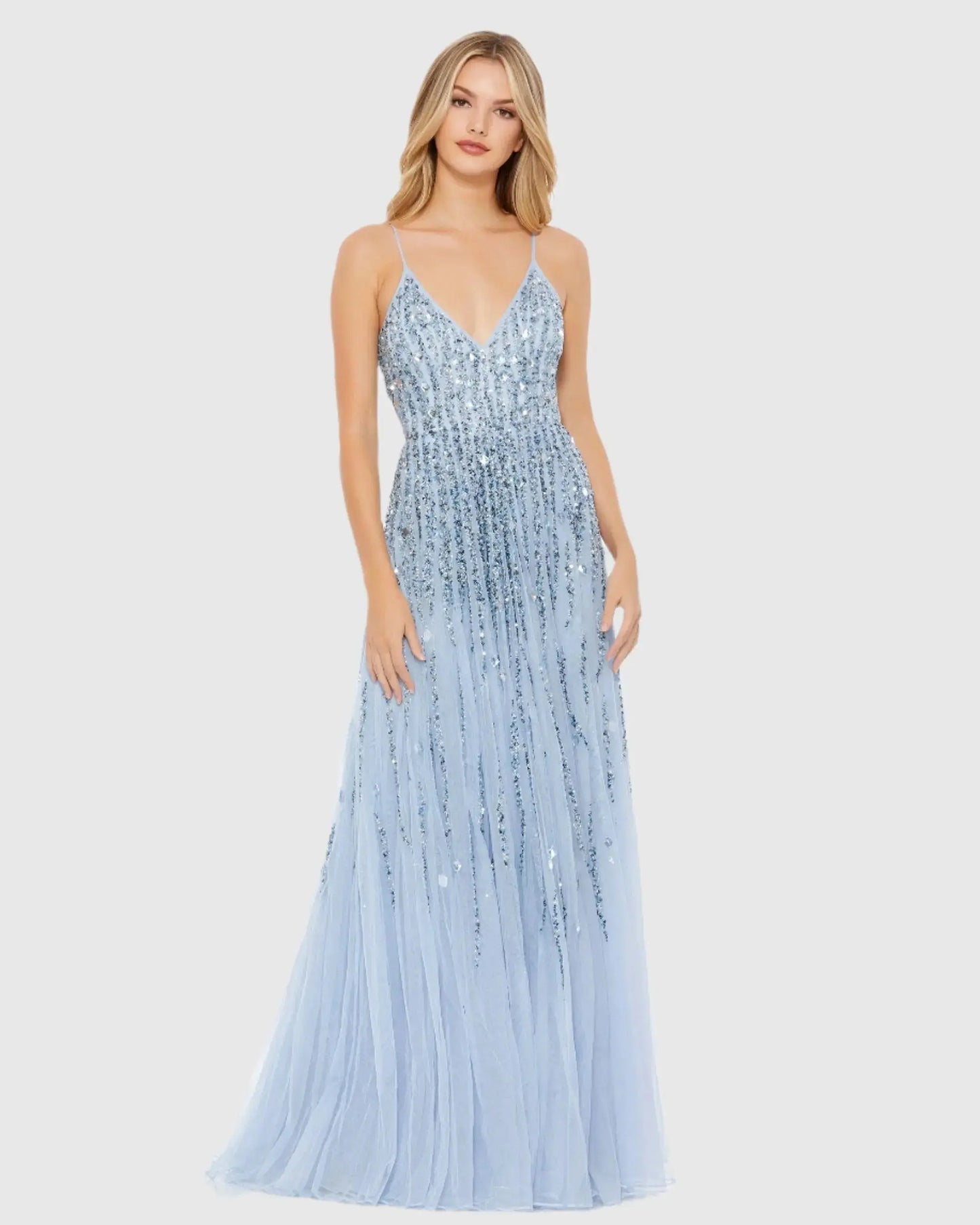Blue Embellished V Neck Sleeveless A Line Gown - Mac Duggal