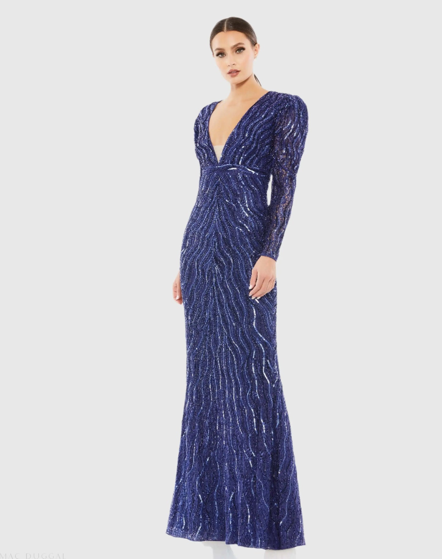 Navy Beaded Puff Sleeve Trumpet Evening Gown - Mac Duggal