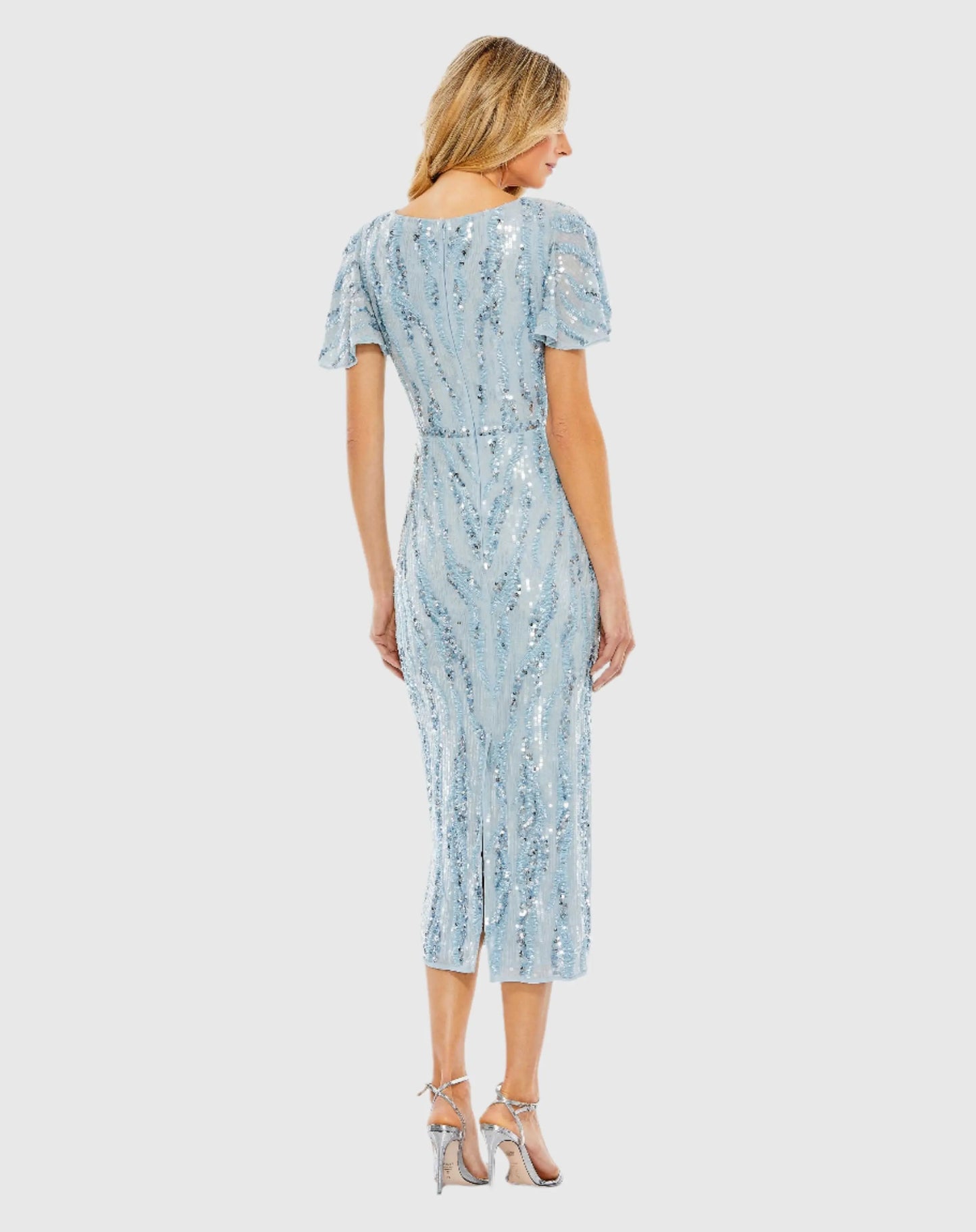 Blue Sequined V Neck Flutter Sleeve Tea Length Dress - Mac Duggal