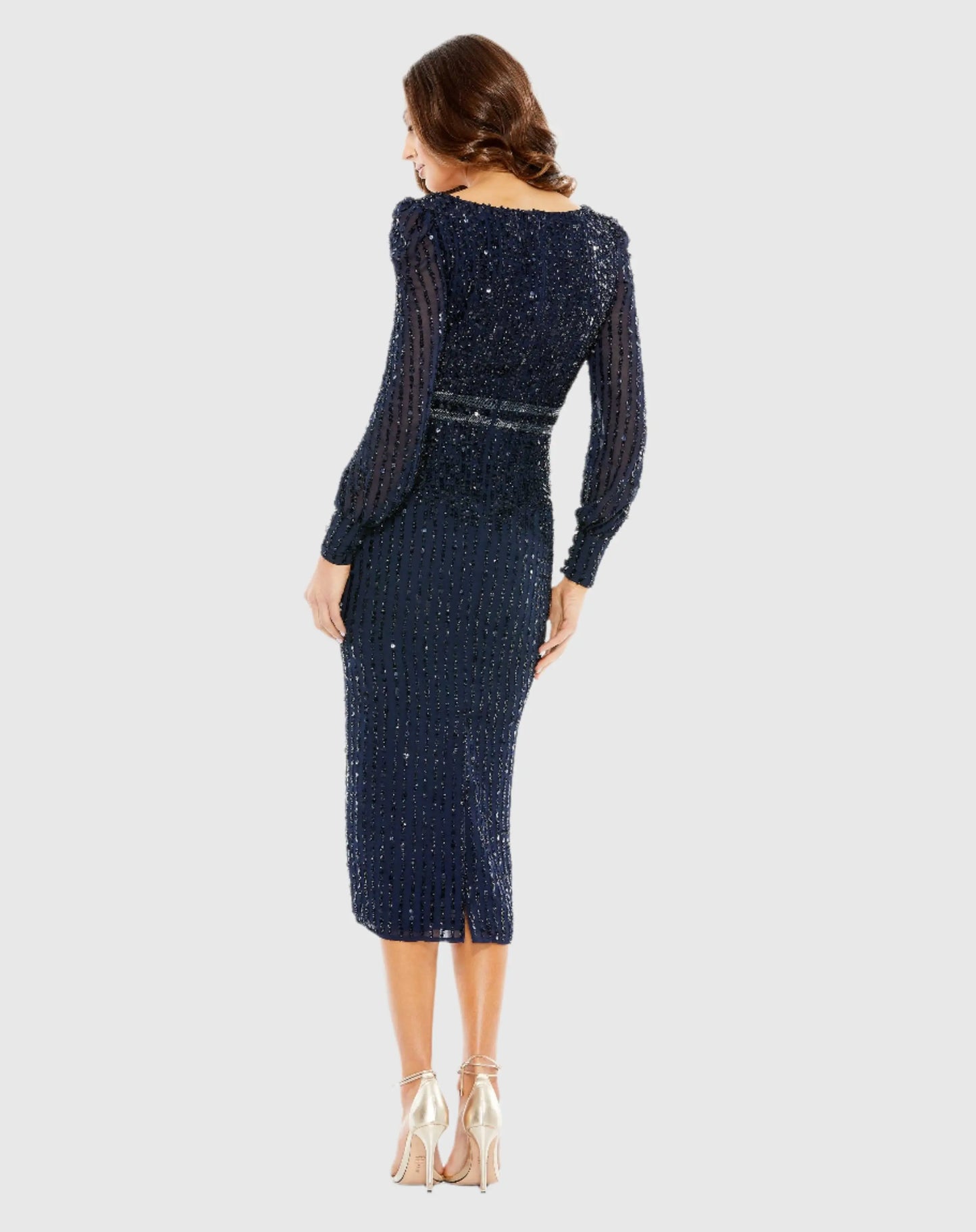 Navy Sequined V Neck Bishop Sleeve Dress - Mac Duggal