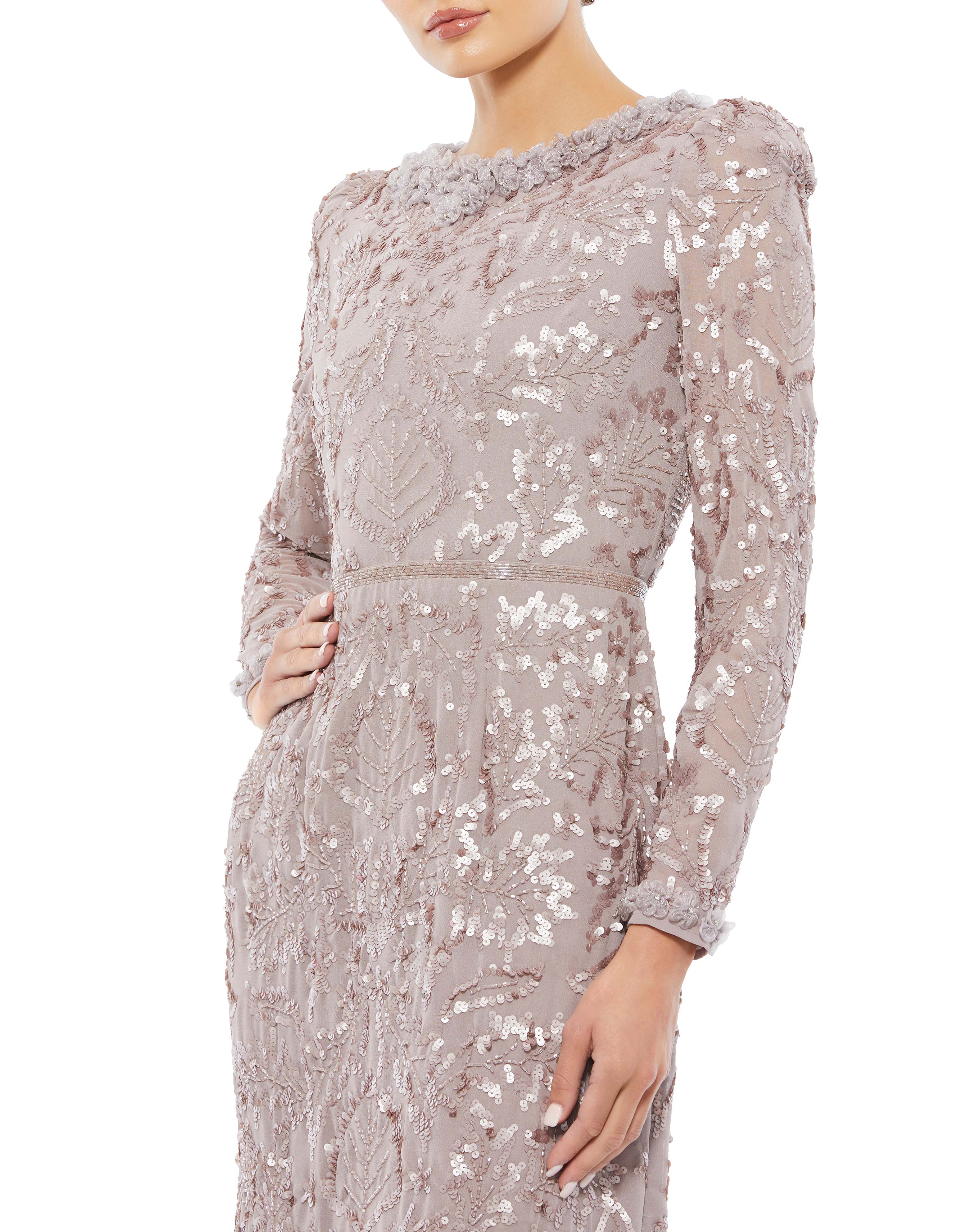 Embellished High Neck Puff Sleeve Fitted Dress
