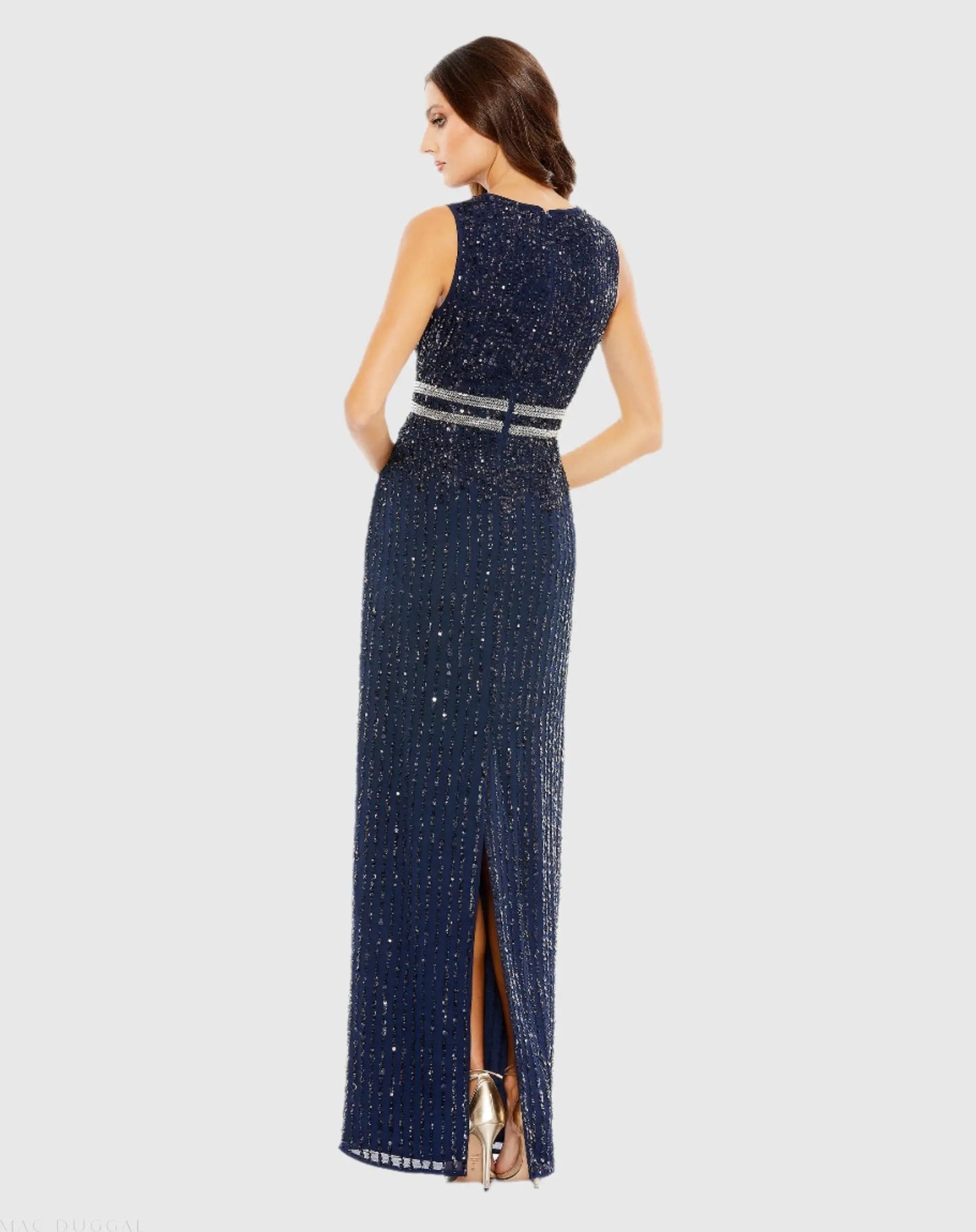Blue Sequined High Neck Sleeveless Column Gown - Mac Duggal