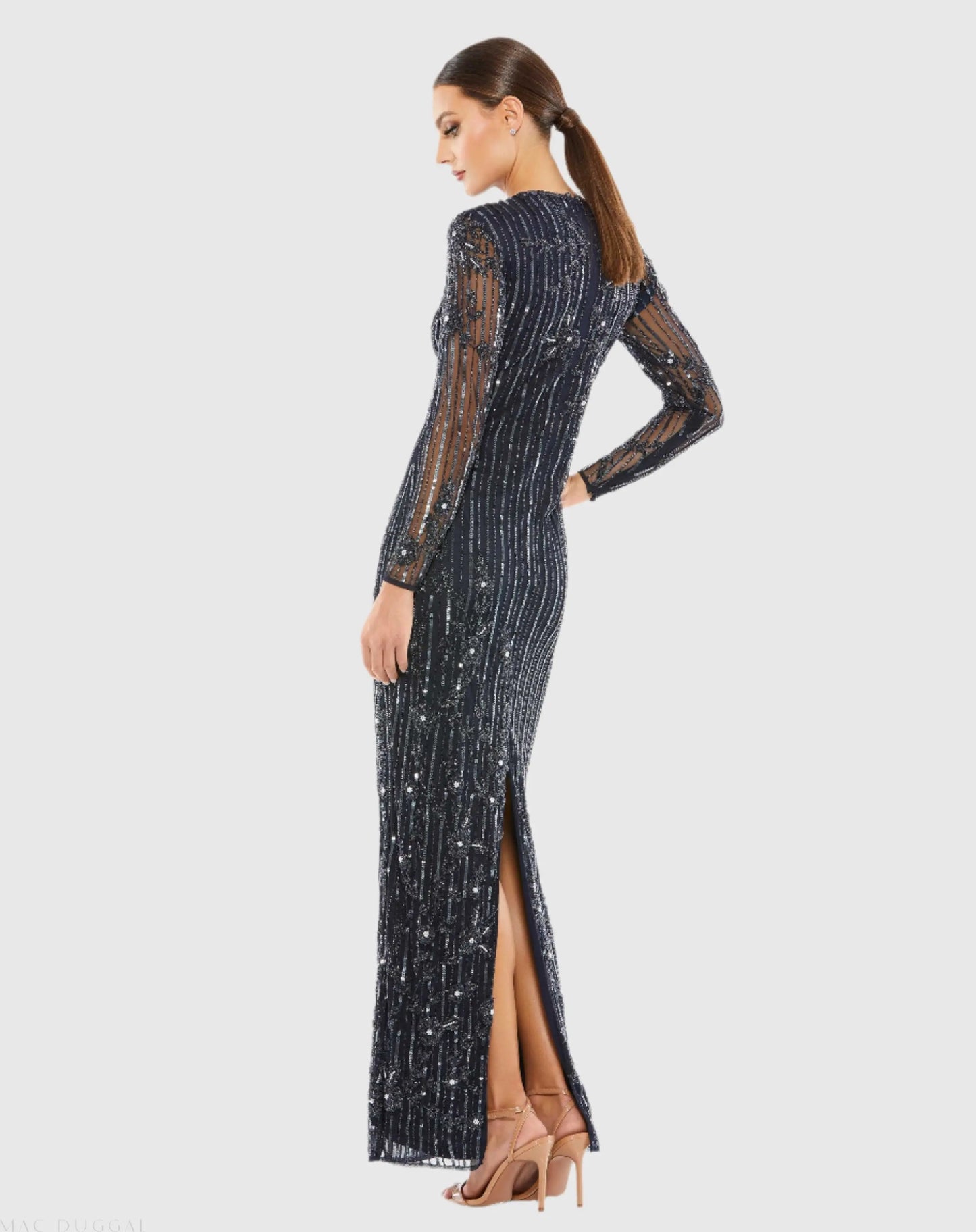 Dark Blue Embellished High Neck Illusion Long Sleeve Gown - Mac Duggal