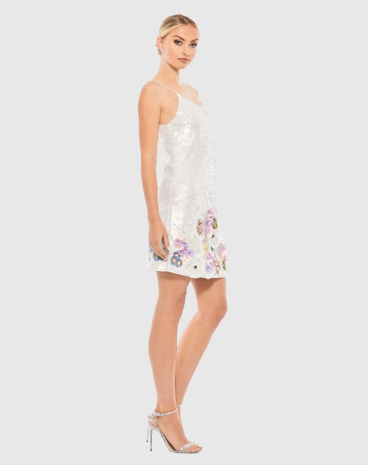 White Sequined Mixed Media Floral Embellished Mini Dress - Mac Duggal