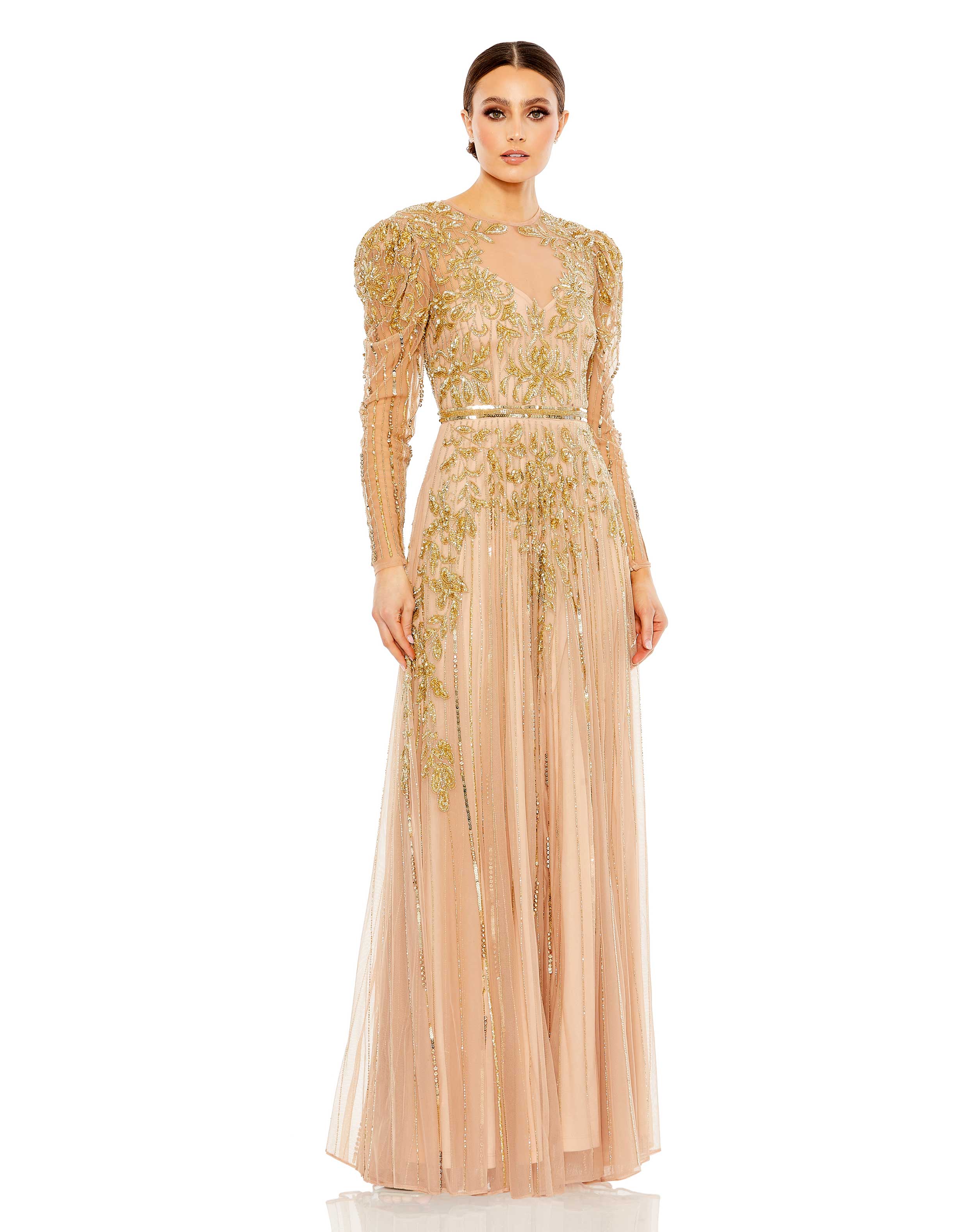 Beaded Illusion Puff Sleeve Gown