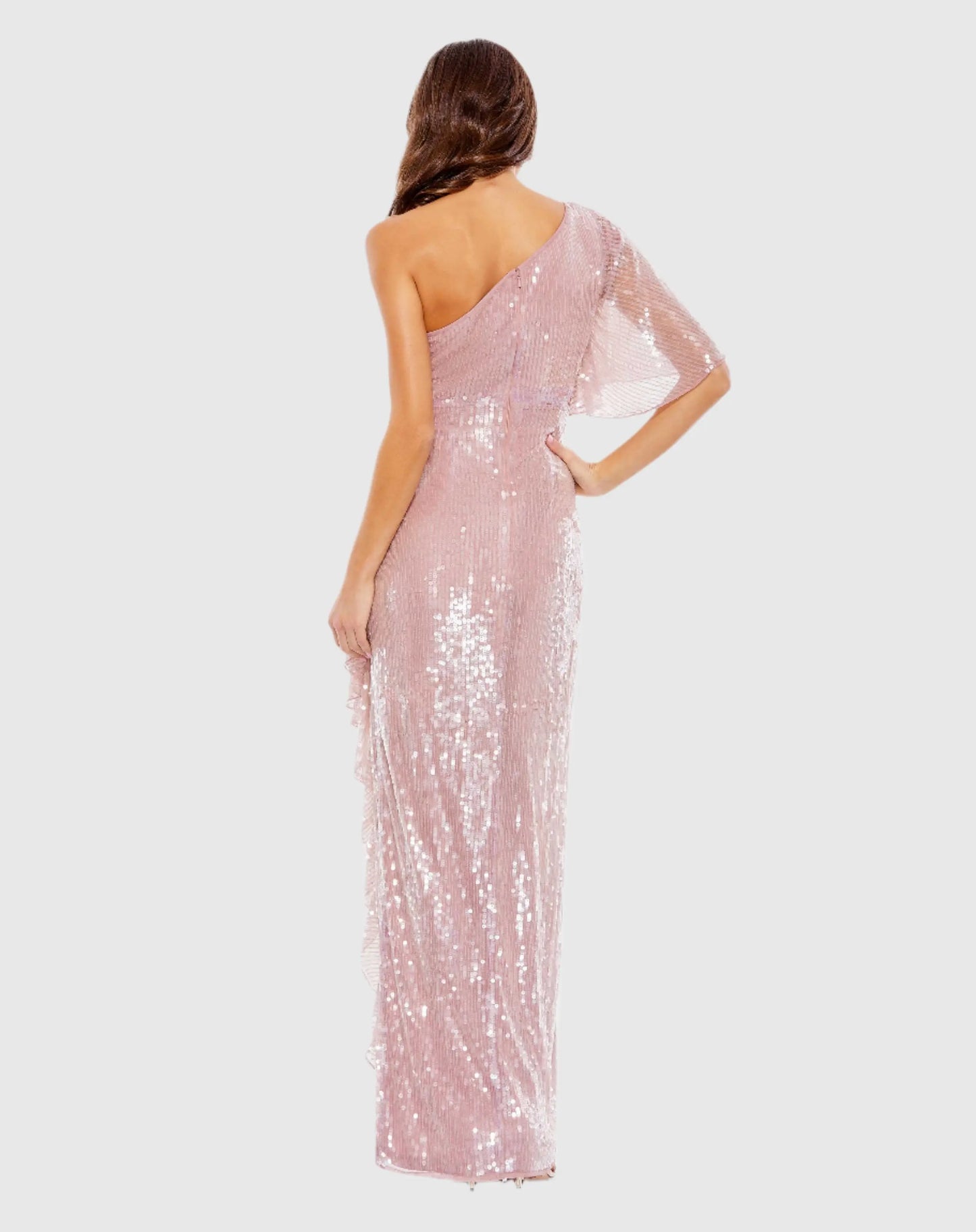 Pink Sequined Flutter Sleeve One Shoulder Draped Gown - Mac Duggal