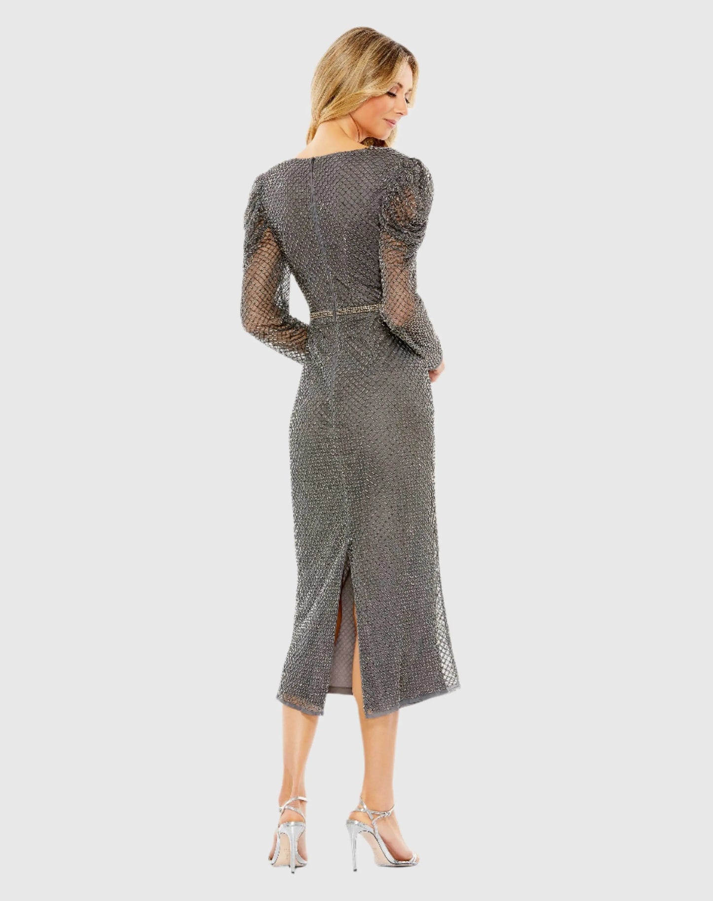 Gray Beaded Wrap Over Puff Sleeve Dress - FINAL SALE - Mac Duggal