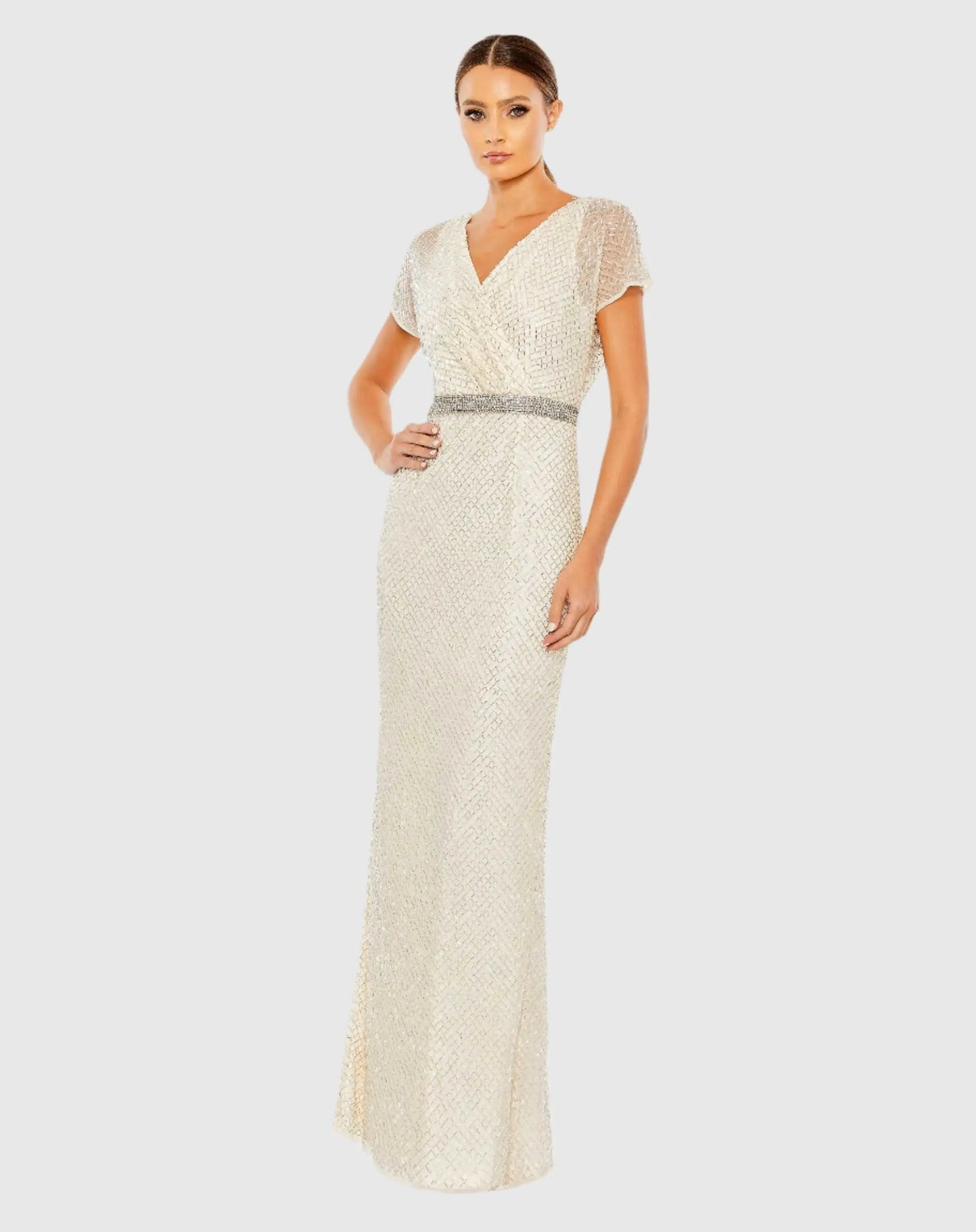 White Beaded Short Sleeve Column Gown - Mac Duggal