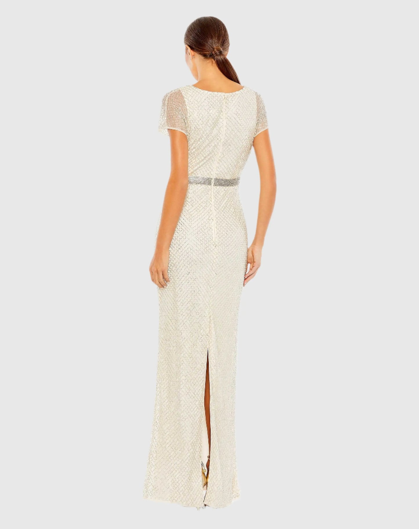 White Beaded Short Sleeve Column Gown - Mac Duggal