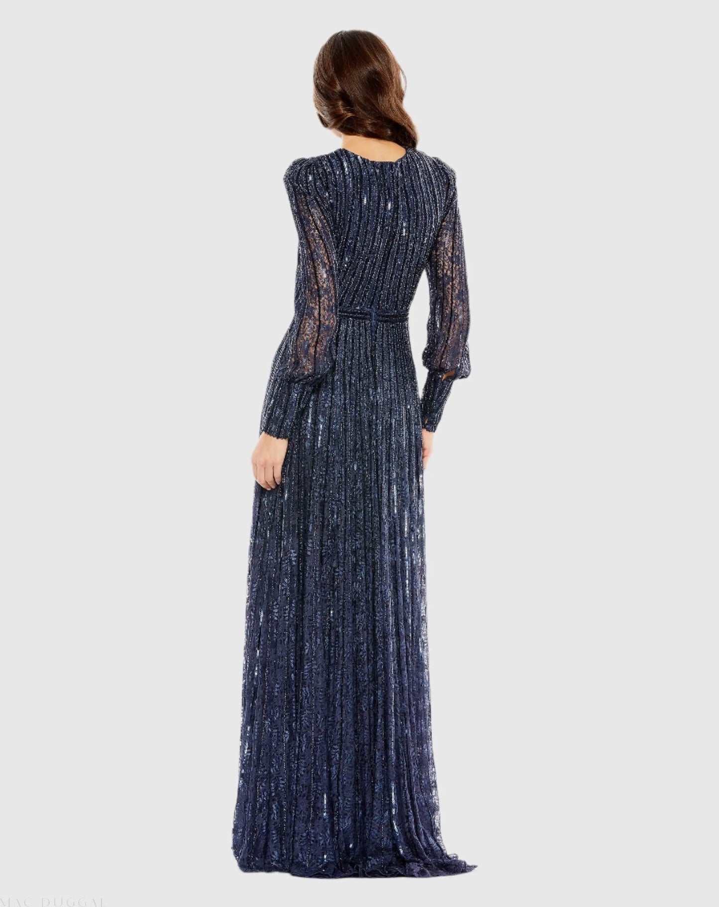 Blue Beaded Lace Long Sleeve Wrap Over Gown - Mac Duggal