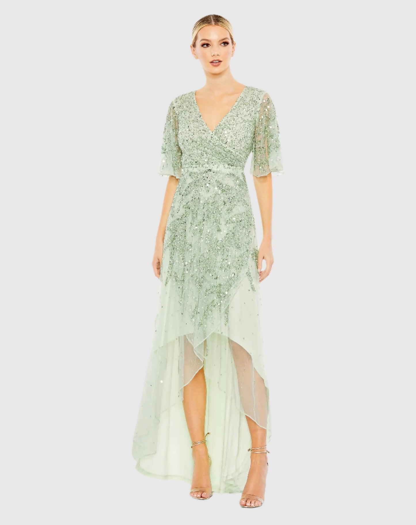 Green Sequined Butterfly Sleeve High Low Gown - Mac Duggal