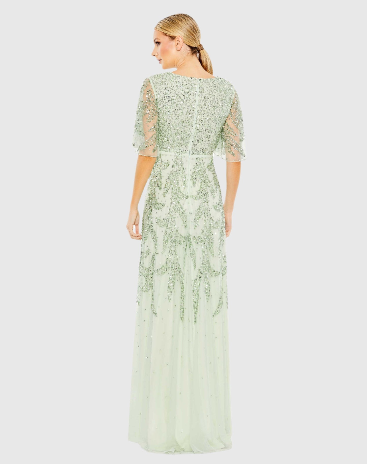 Green Sequined Butterfly Sleeve High Low Gown - Mac Duggal