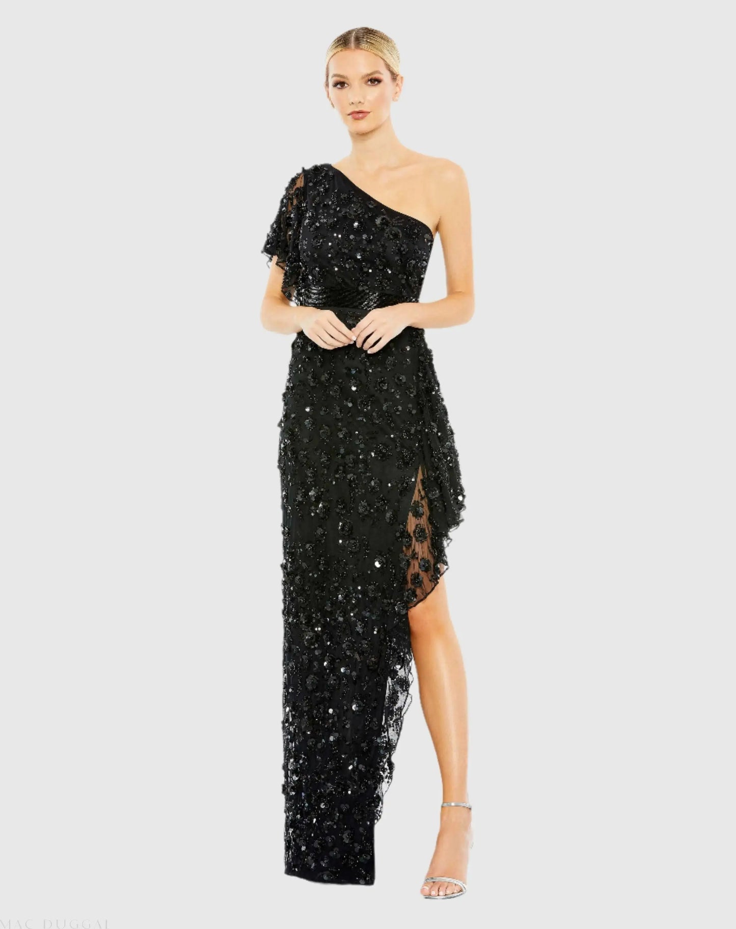 Black One Shoulder Beaded Embellished Gown with Asymmetrical Hem