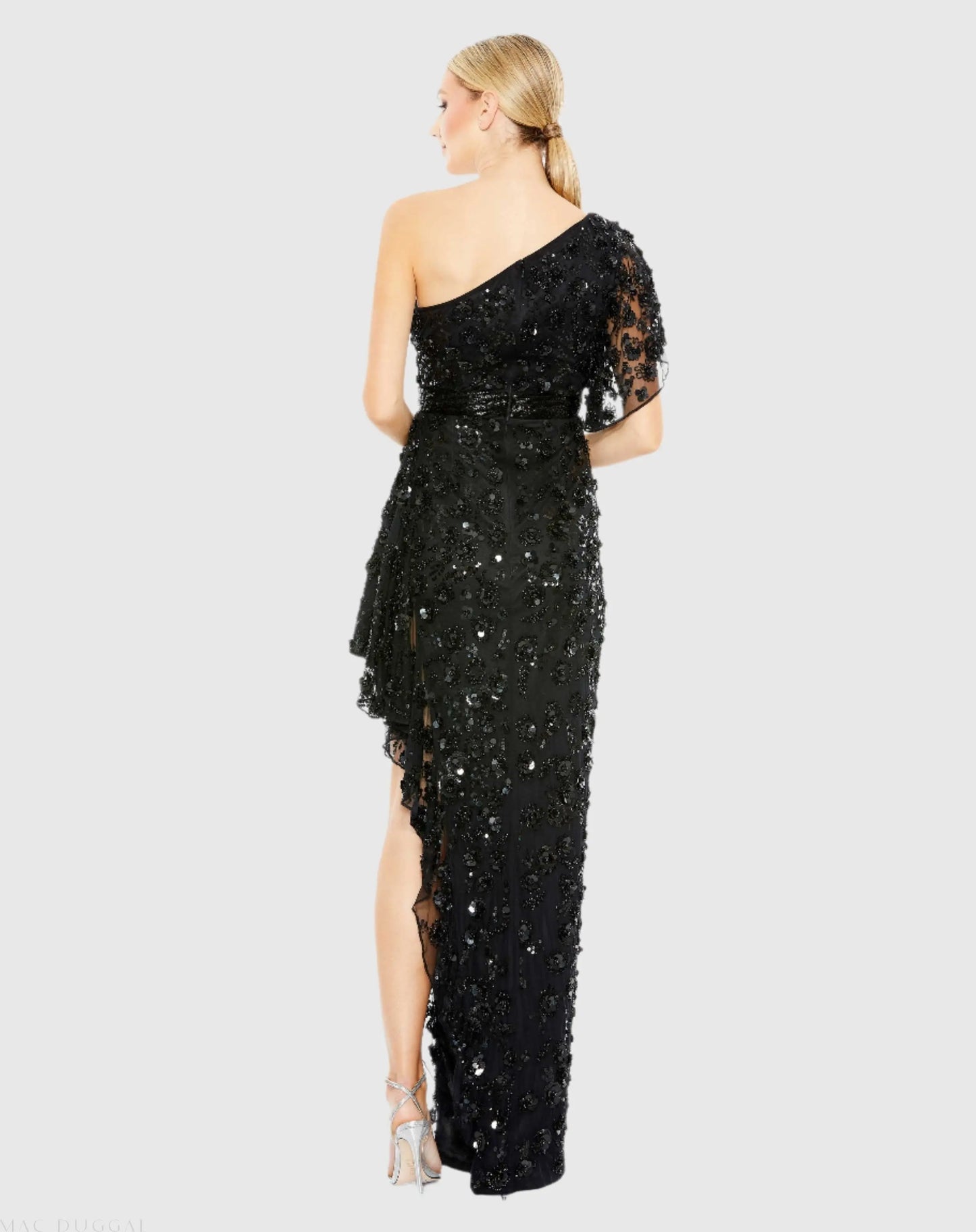 Black One Shoulder Beaded Embellished Gown with Asymmetrical Hem - Mac Duggal